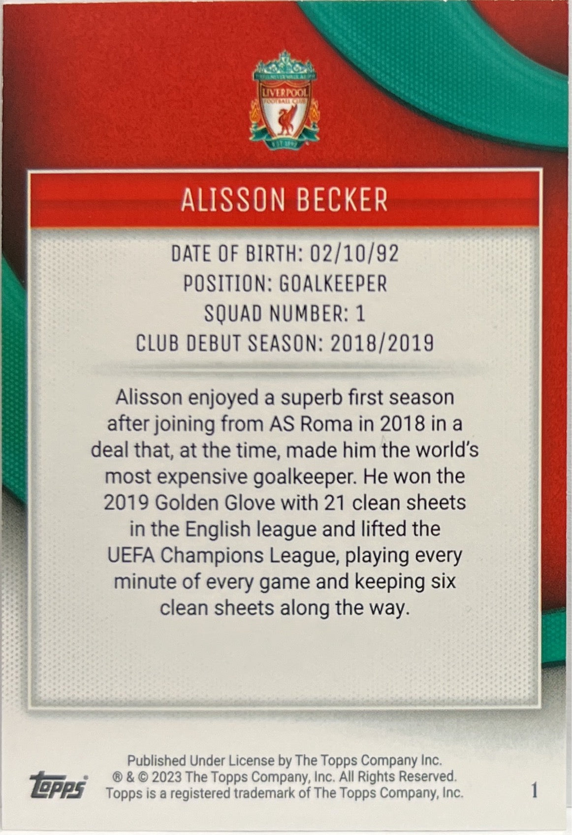 Alisson Becker 4/10 Topps Liverpool Team Set 2022/23