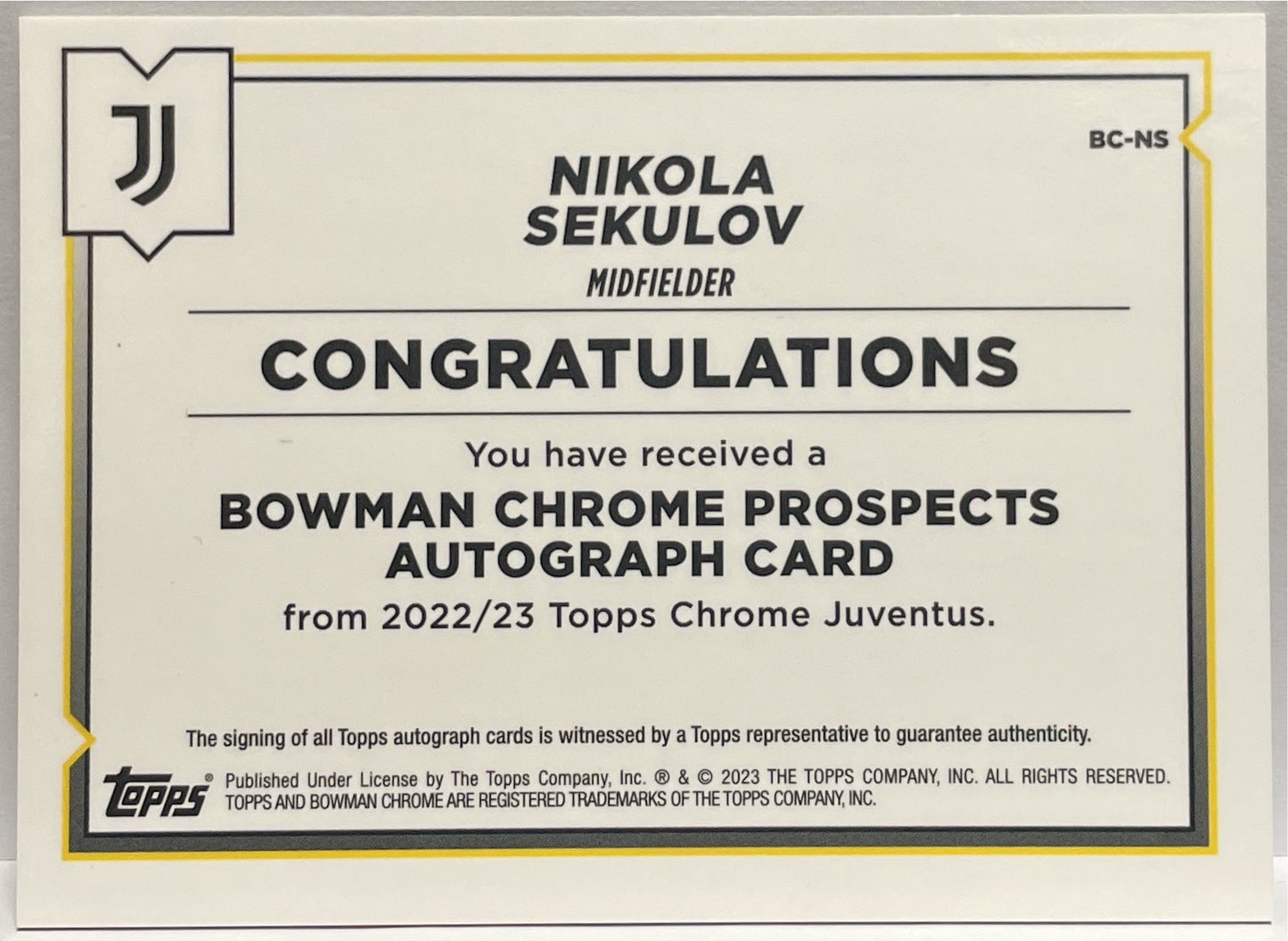 Nikola Sekulov 42/75 Autograph 1ST Bowman Zebra Topps Chrome Juventus 2022/23