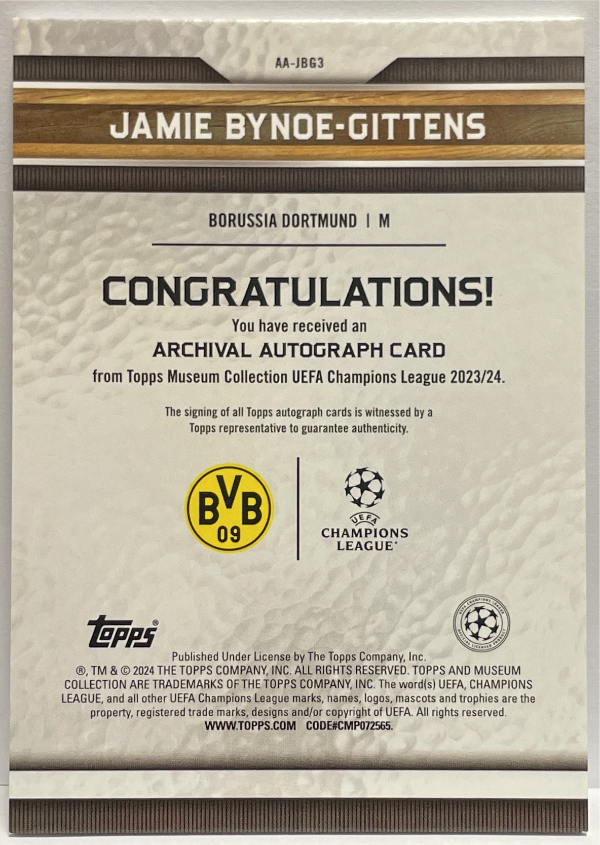 Jamie Bynoe Gittens 89/99 Autograph Topps Museum 2023/24