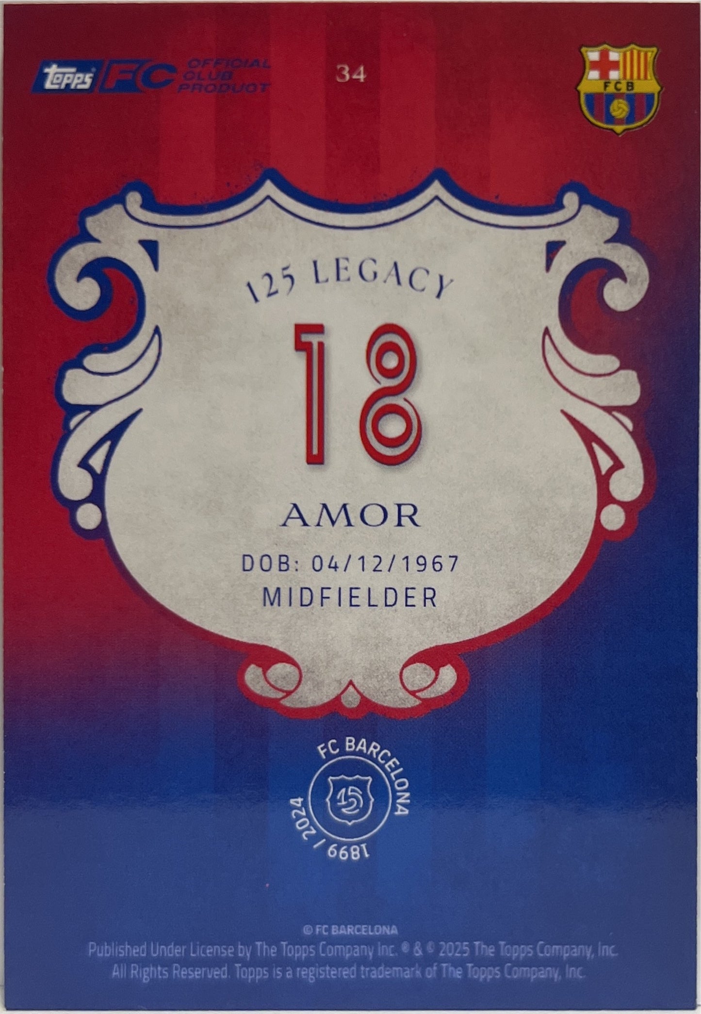 Guillermo Amor 18/25 Orange Topps Barcelona 125 2024