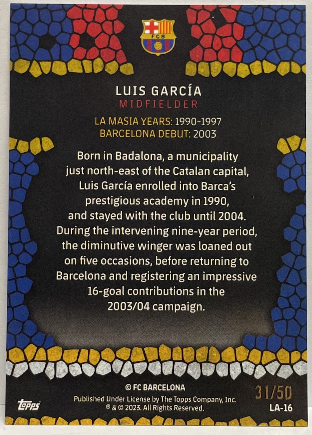 Luis Garcia 31/50 Made In La Masia Gold Topps Chrome FC Barcelona 2022/23
