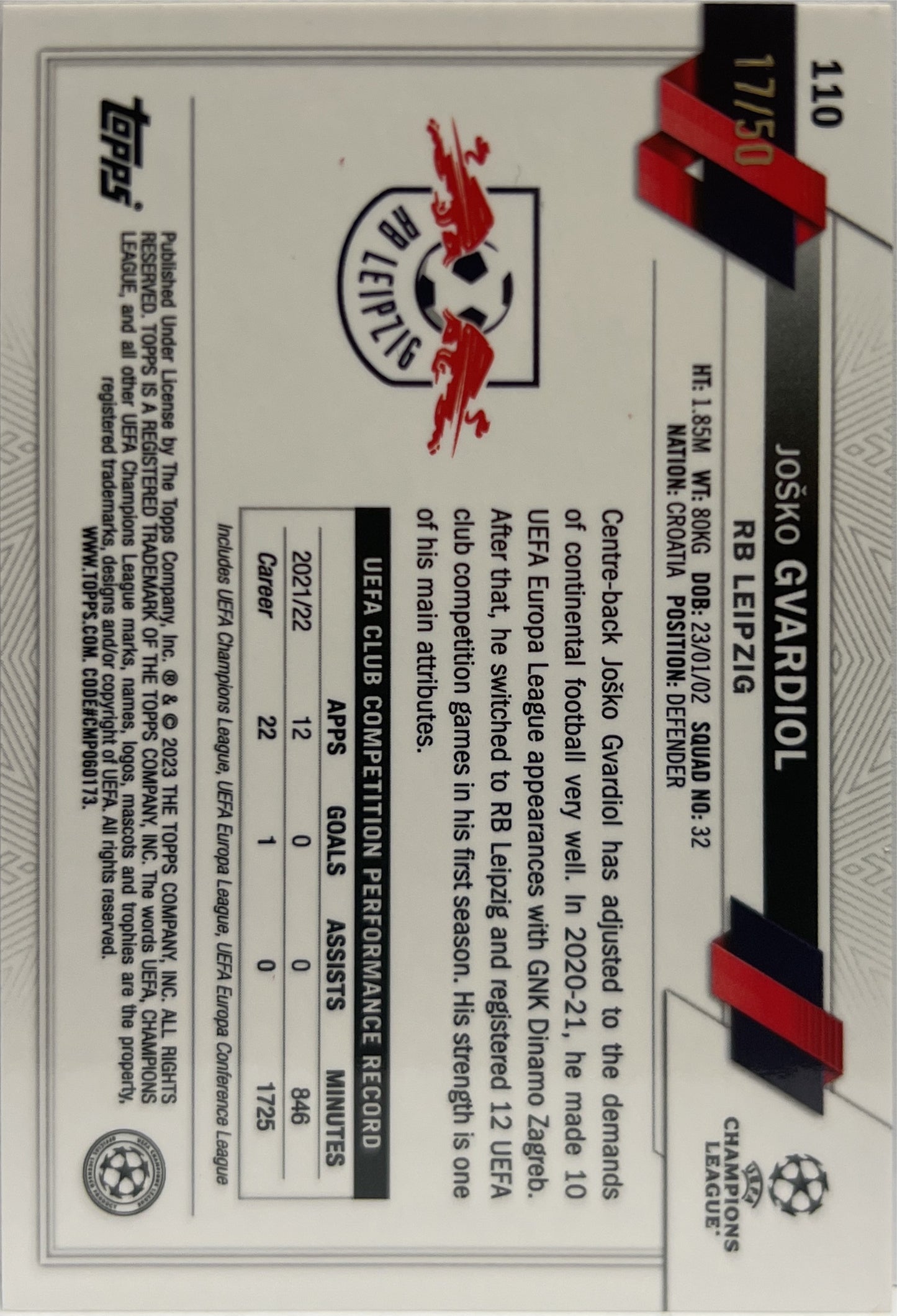 Josko Gvardiol 17/50 All Star Rookie Gold Speckle Topps Chrome UCC 2022/23