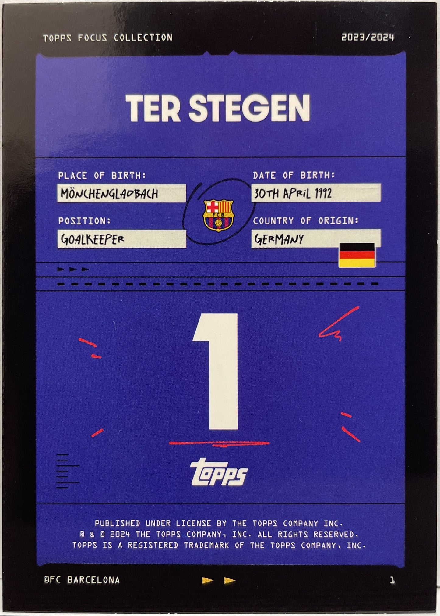 Ter Stegen 6/75 Blue Topps Focus Barcelona 2023/24
