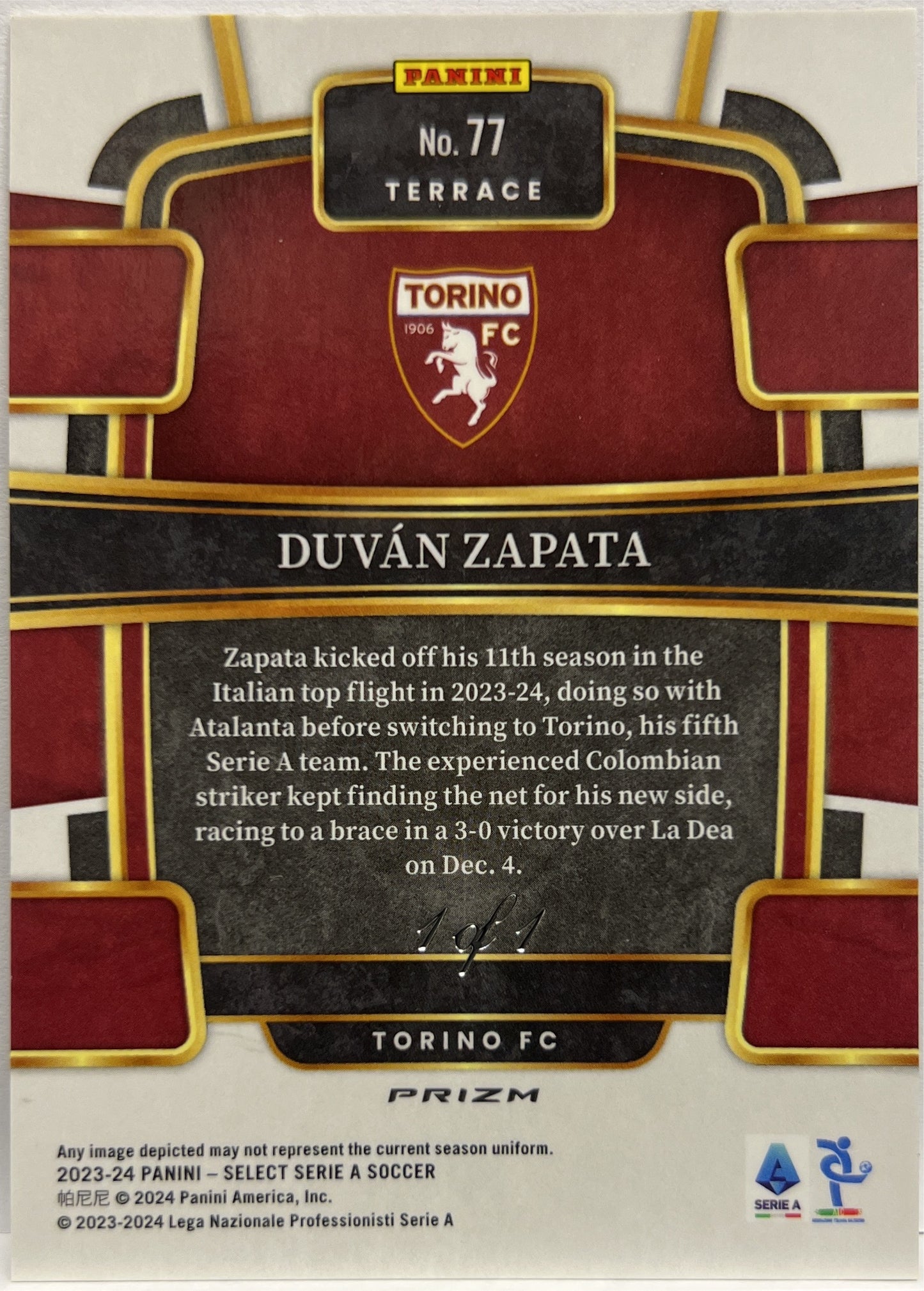 Duvan Zapata 1/1 Terrace Black Select Serie A 2023/24