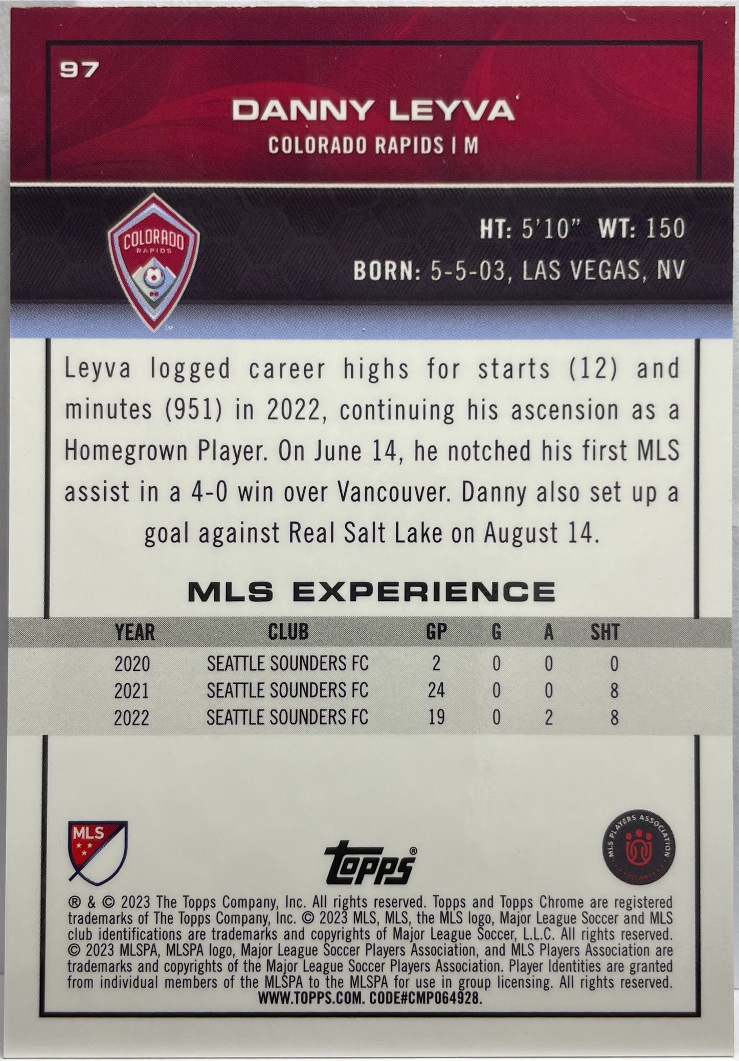 Danny Leyva 195/199 Blue Wave Topps Chrome MLS 2022/23