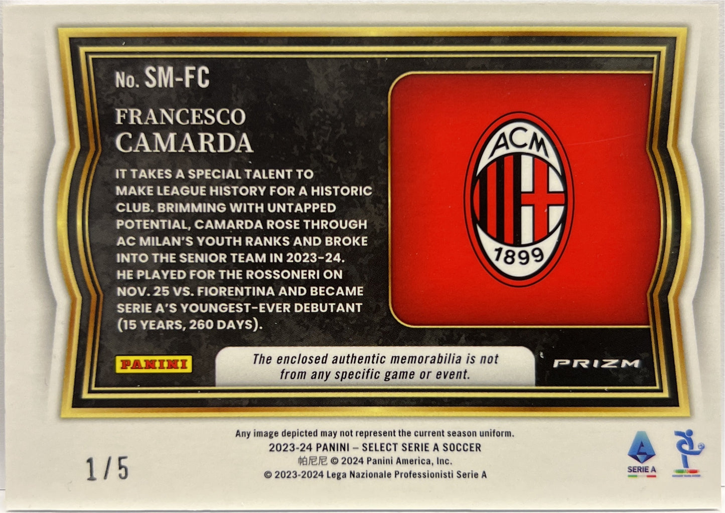 Francesco Camarda 1/5 Rookie Patch Memorabilia Green Select Serie A 2023/24