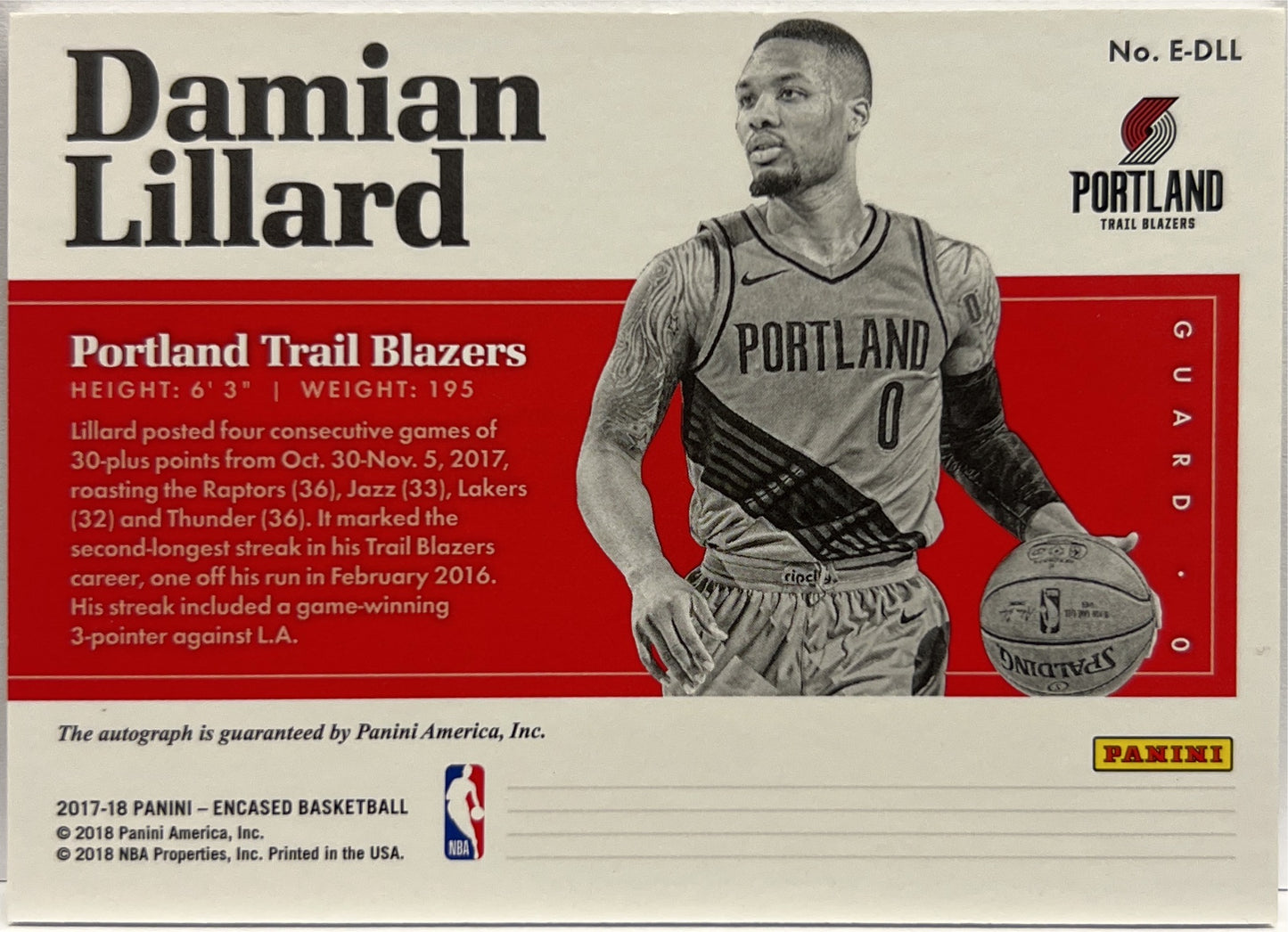 Damian Lillard 20/25 Autograph On Card Endorsements Encased Basketball NBA 2017/18