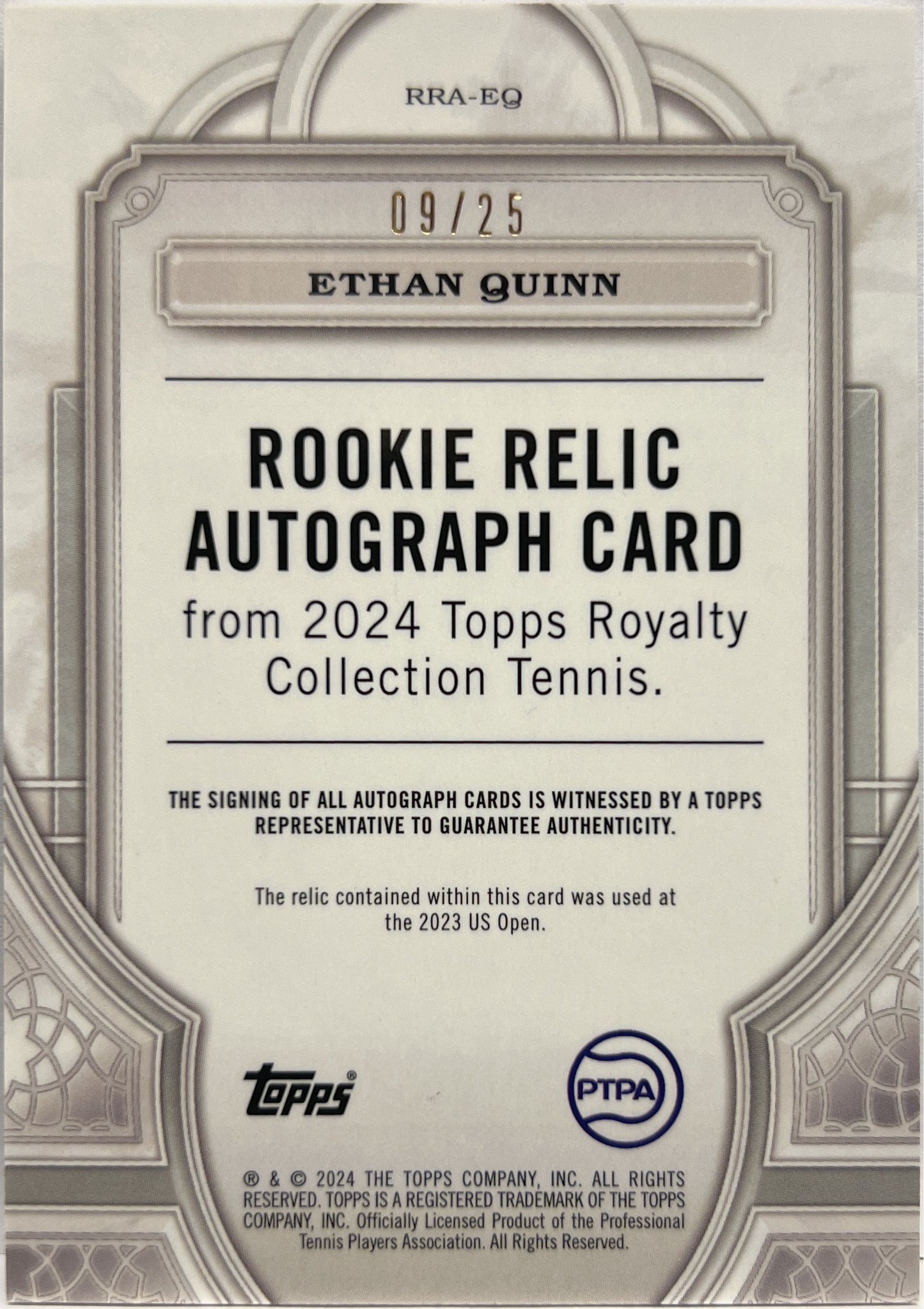 Ethan Quinn 9/25 Rookie Patch Autograph Blue Topps Royalty Tennis 2024