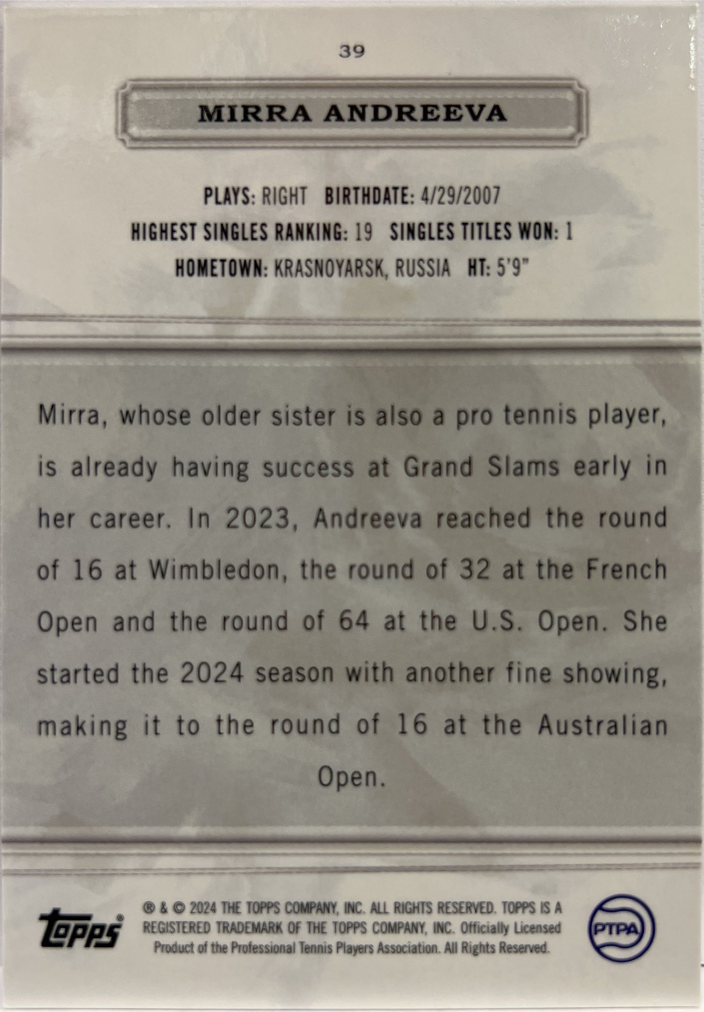 Mirra Andreeva 16/25 Rookie Blue Topps Royalty Tennis 2024