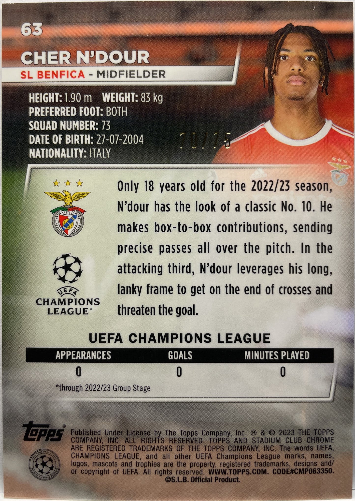 Cher N'Dour 70/75 Rookie Sepia Prism Topps Stadium Chrome Club 2022/23