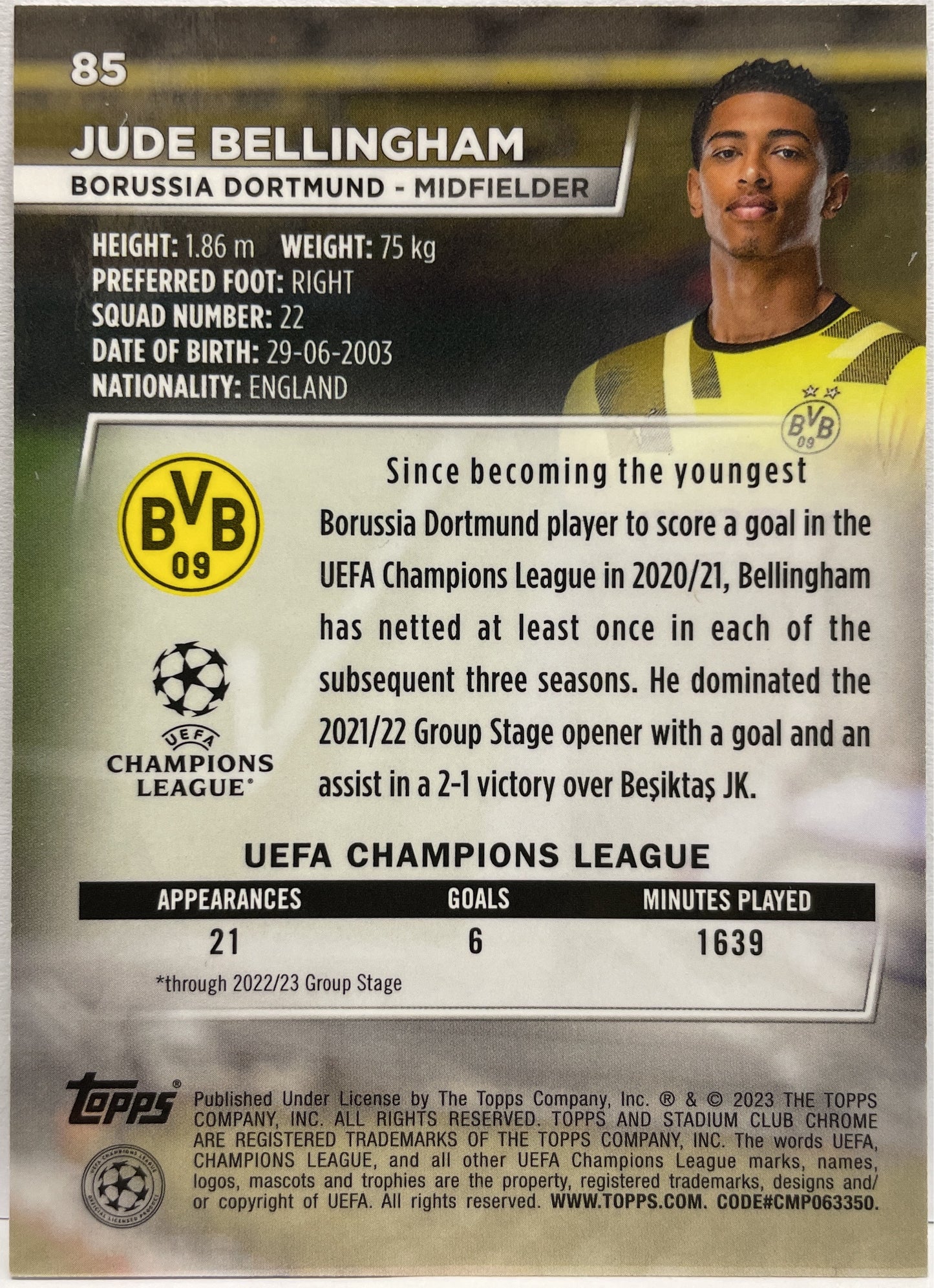 Jude Bellingham Blue Prism Topps Stadium Chrome 2022/23