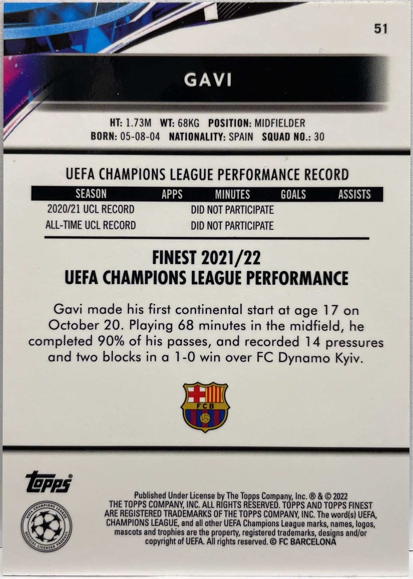 Gavi Rookie Topps Finest UCL 2021/22