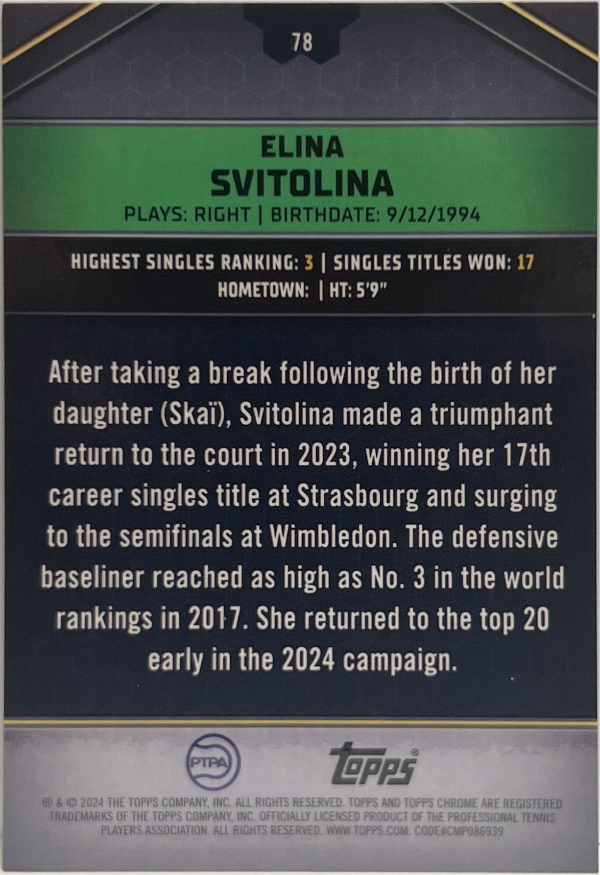 Elina Svitolina 8/15 Purple Topps Tennis Graphite 2024