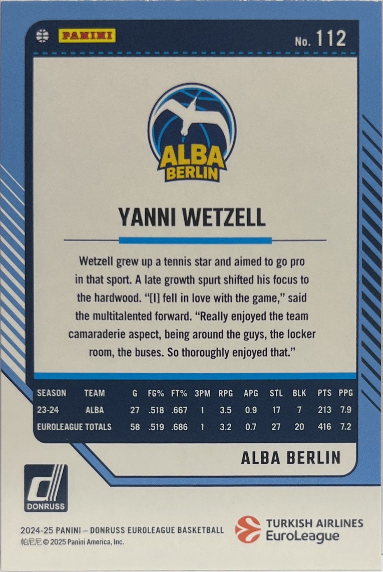Yanni Wetzell 62/275 Press Proof Mojo Purple Donruss Euroleague Basketball 2024/25