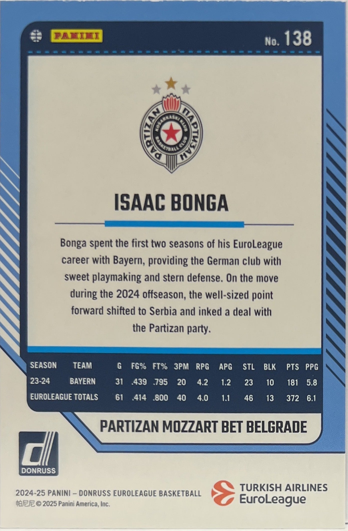 Isaac Bonga 62/275 Press Proof Purple Donruss Euroleague Basketball 2024/25