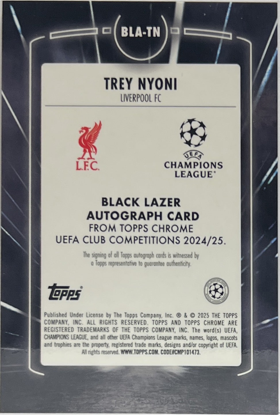 Trey Nyoni 21/25 Rookie Autograph Black Lazer Topps Chrome UCC 2024/25