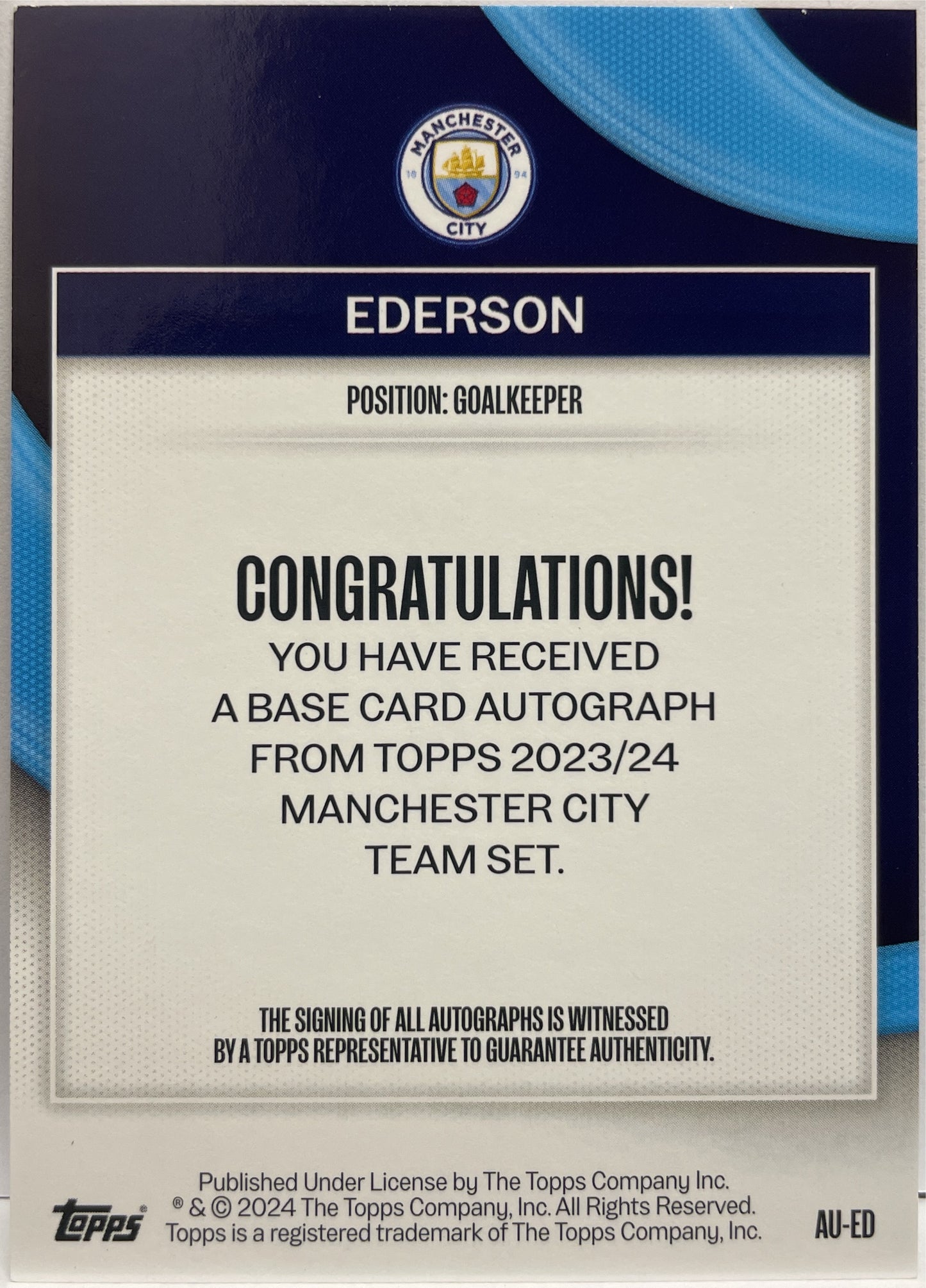 Ederson 12/25 Autograph Orange Topps Manchester City Team Set 2023/24