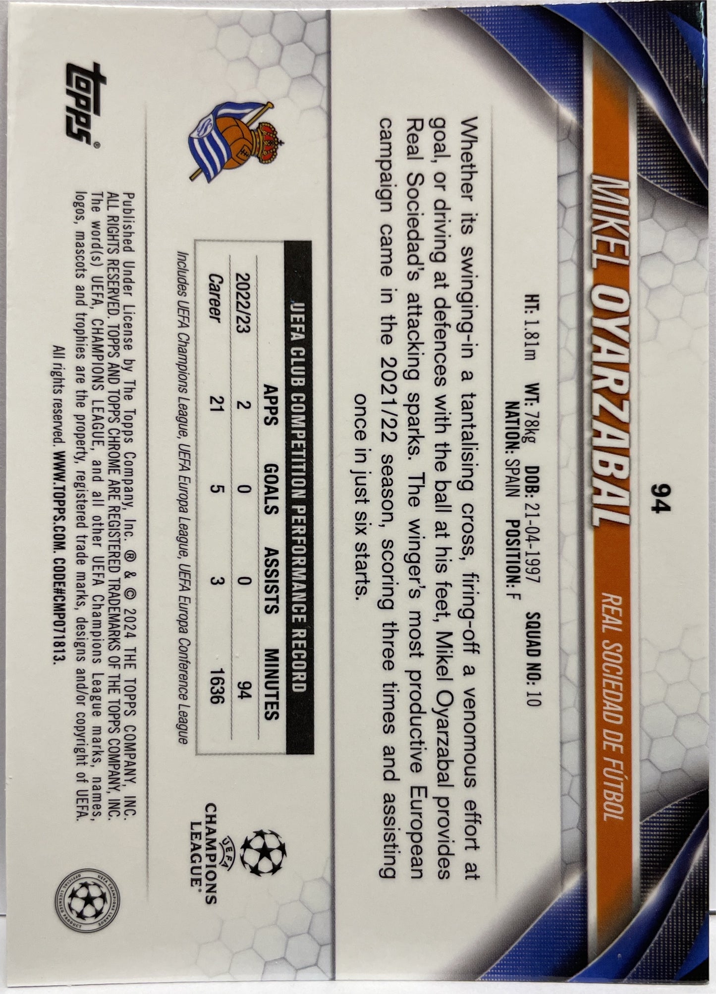 Mikel Oyarzabal 107/250 Pink Geometric Topps Chrome UCC 2023/24