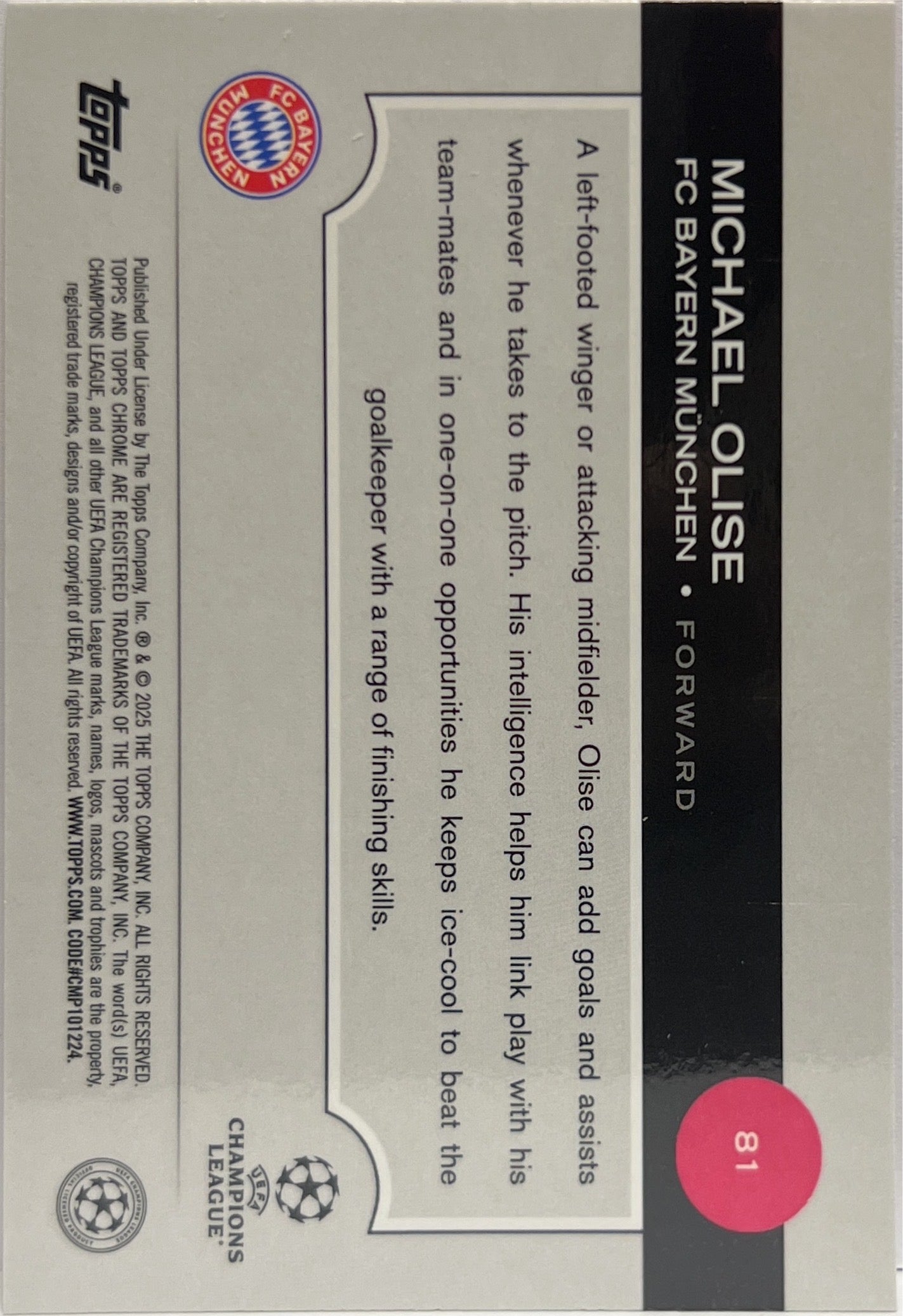Michael Olise 205/250 Pink Lava Topps Chrome UCC 2024/25