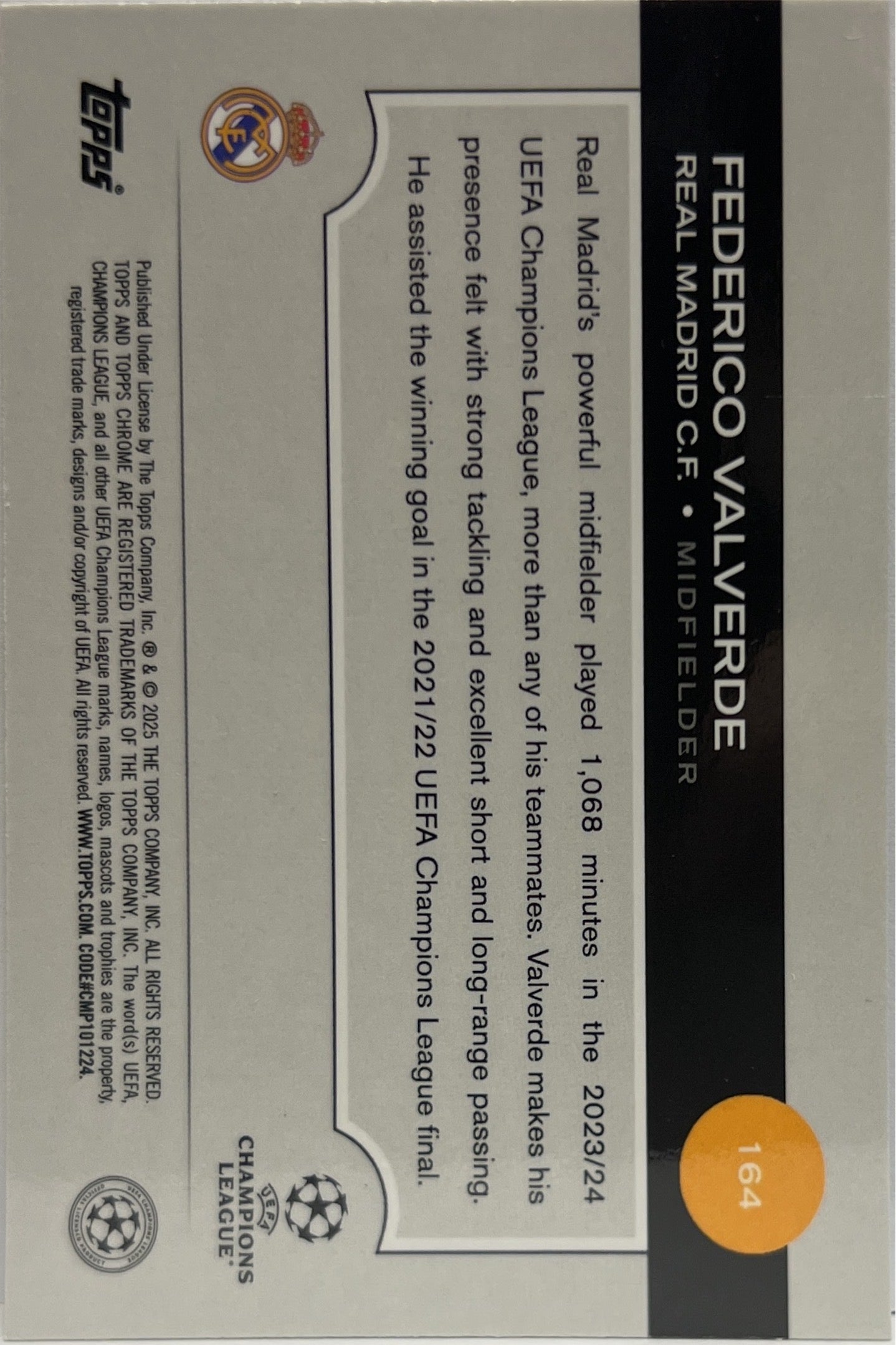 Federico Valverde 127/150 Blue Topps Chrome UCC 2024/25