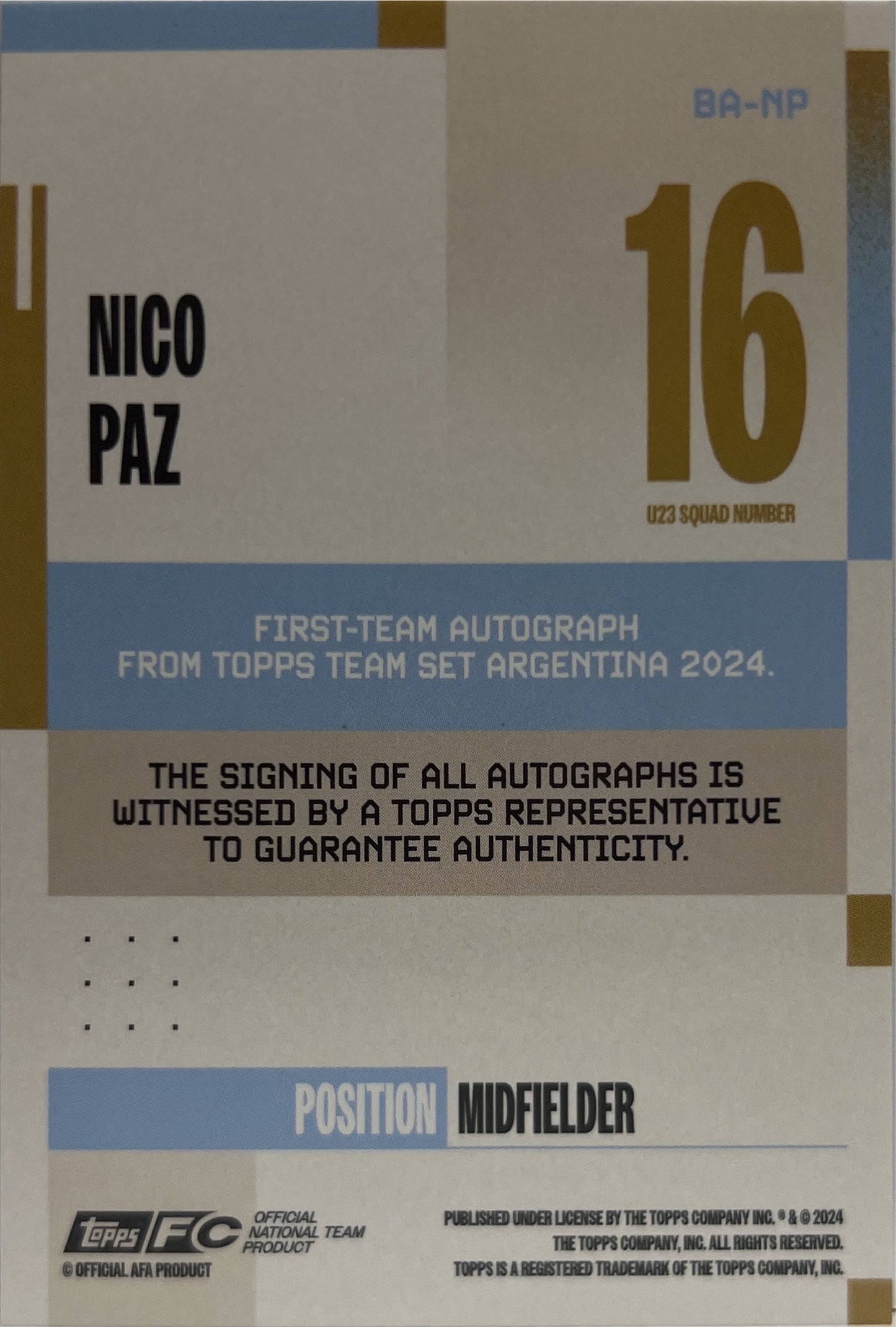 Nico Paz 104/250 Autograph Topps Argentina Team Set 2024