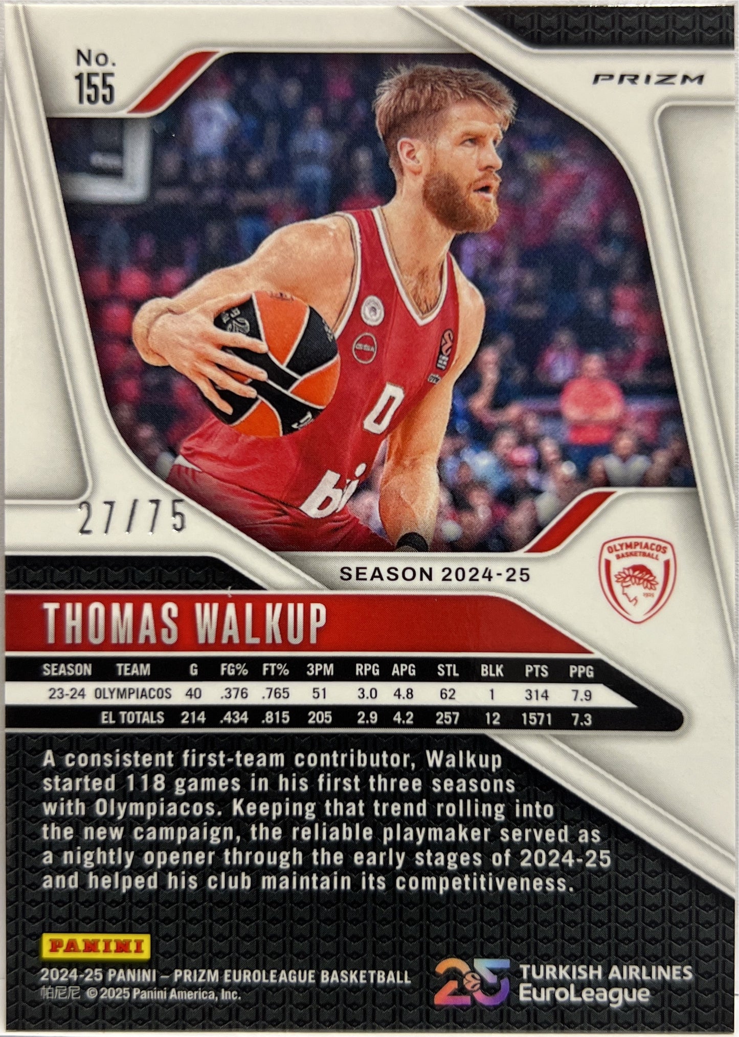 Thomas Walkup 27/75 Red Prizm Euroleague Basketball 2024/25