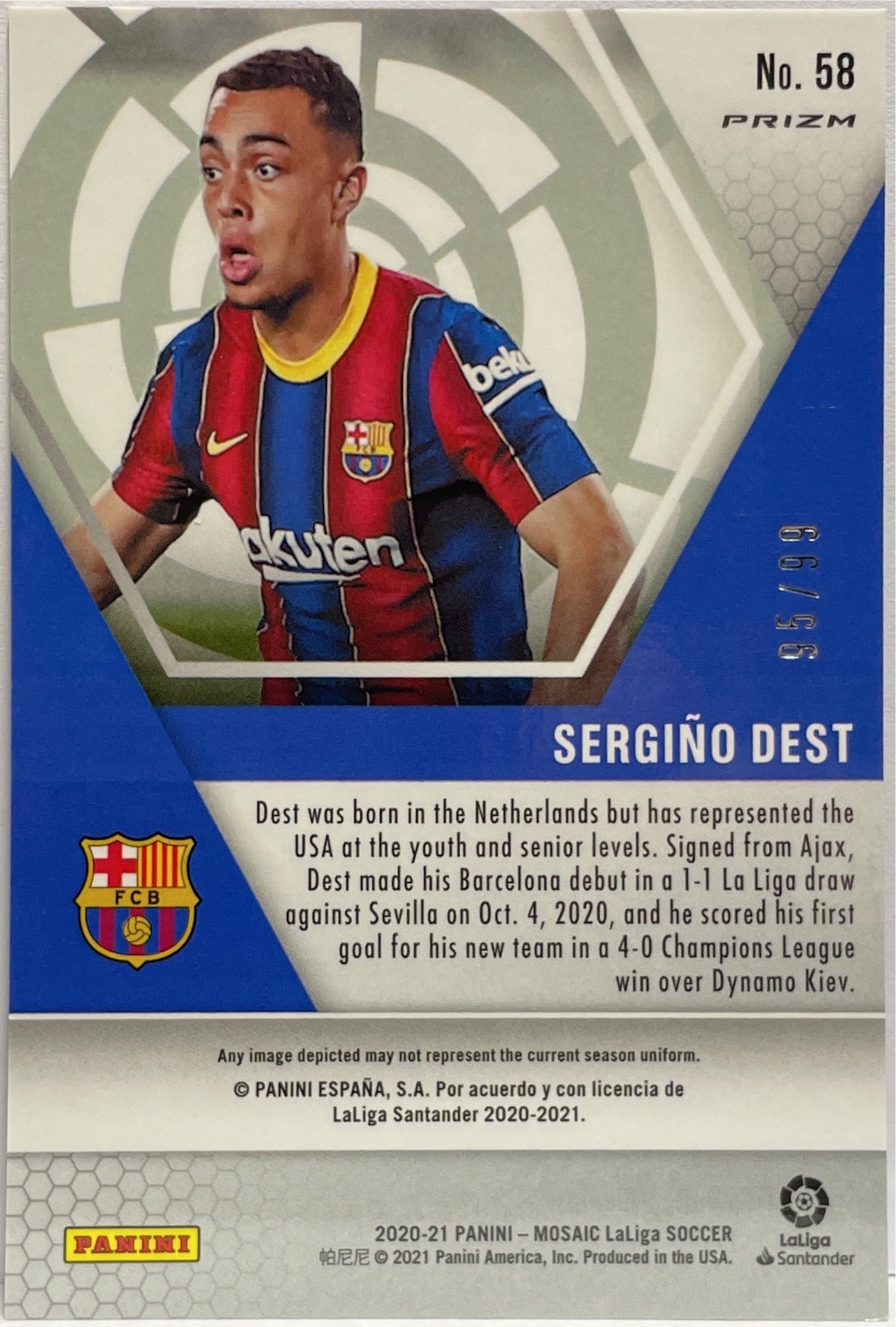 Sergino Dest 95/99 Rookie Blue Mosaic La Liga 2020/21