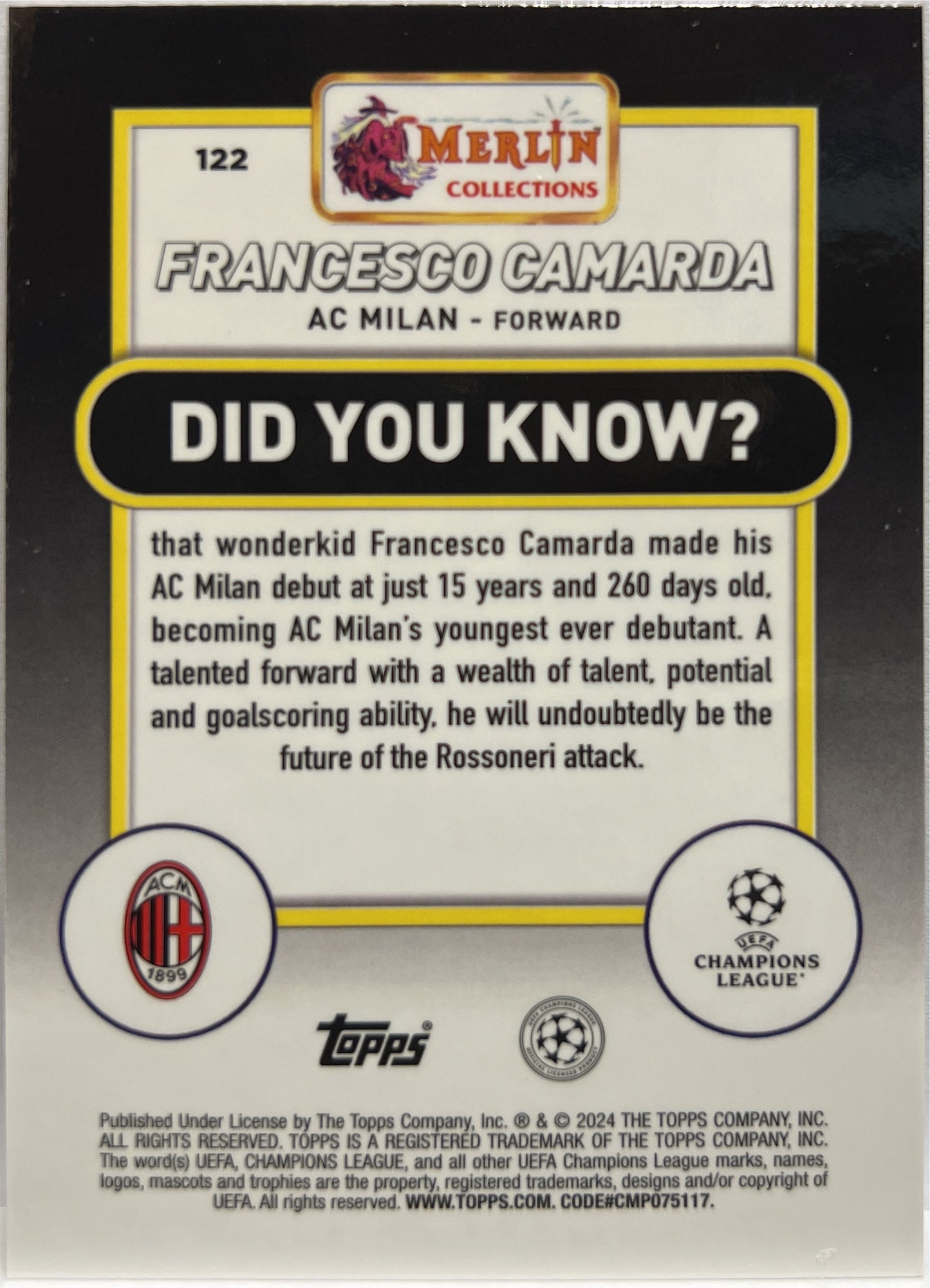 Francesco Camarda Rookie Topps Chrome Merlin UCC 2023/24