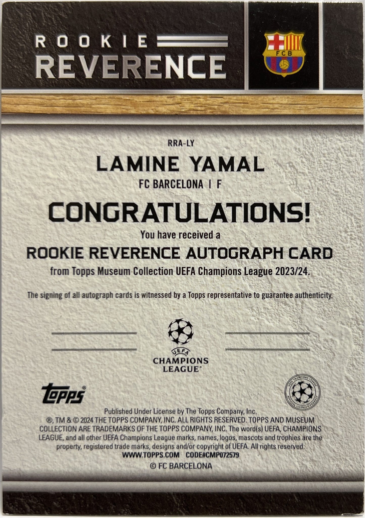 Lamine Yamal 26/59 Rookie Autograph Revenge Topps Museum UCC 2023/24