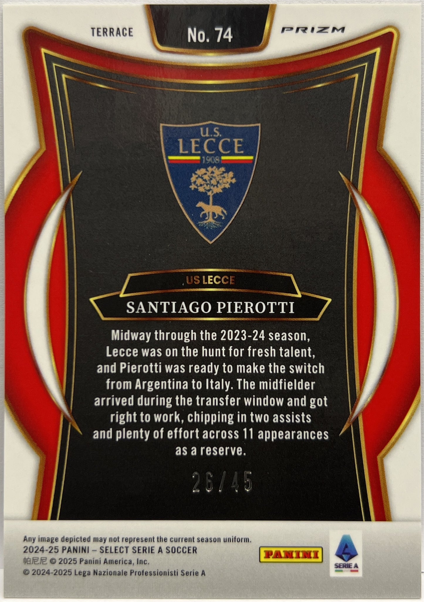 Santiago Pierotti 26/45 Rookie Terrace Bronze Checker Select Serie A 2024/25