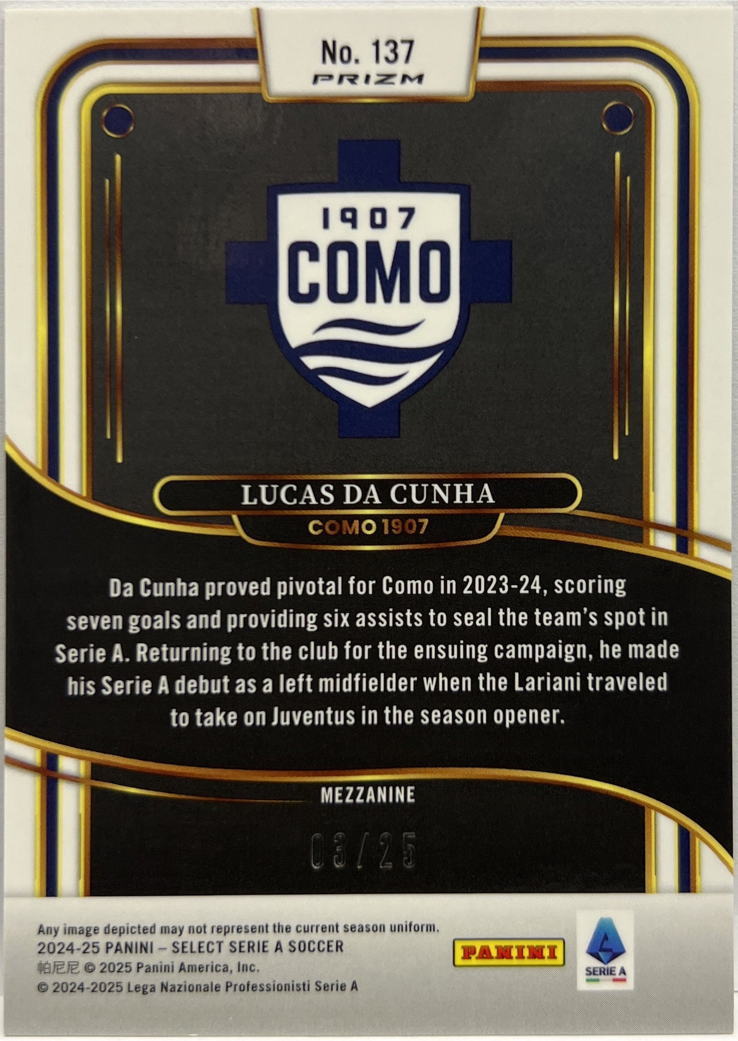 Lucas Da Cunha 3/25 Rookie Mezzanine Tie Dye Select Serie A 2024/25