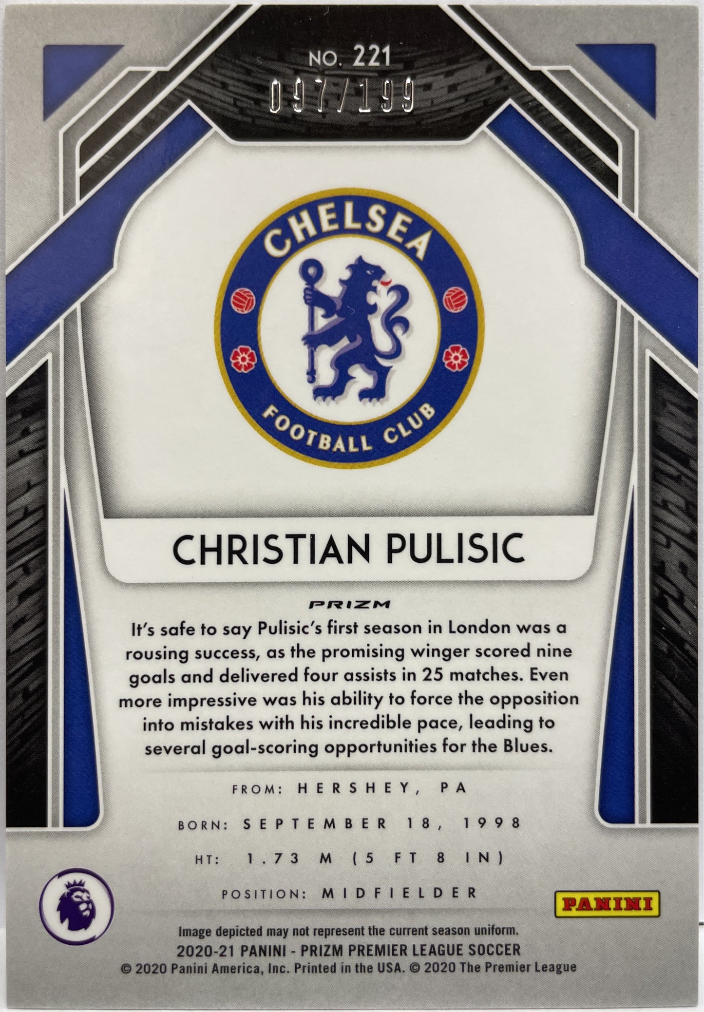 Christian Pulisic 97/199 Blue Prizm Premier League 2020/21