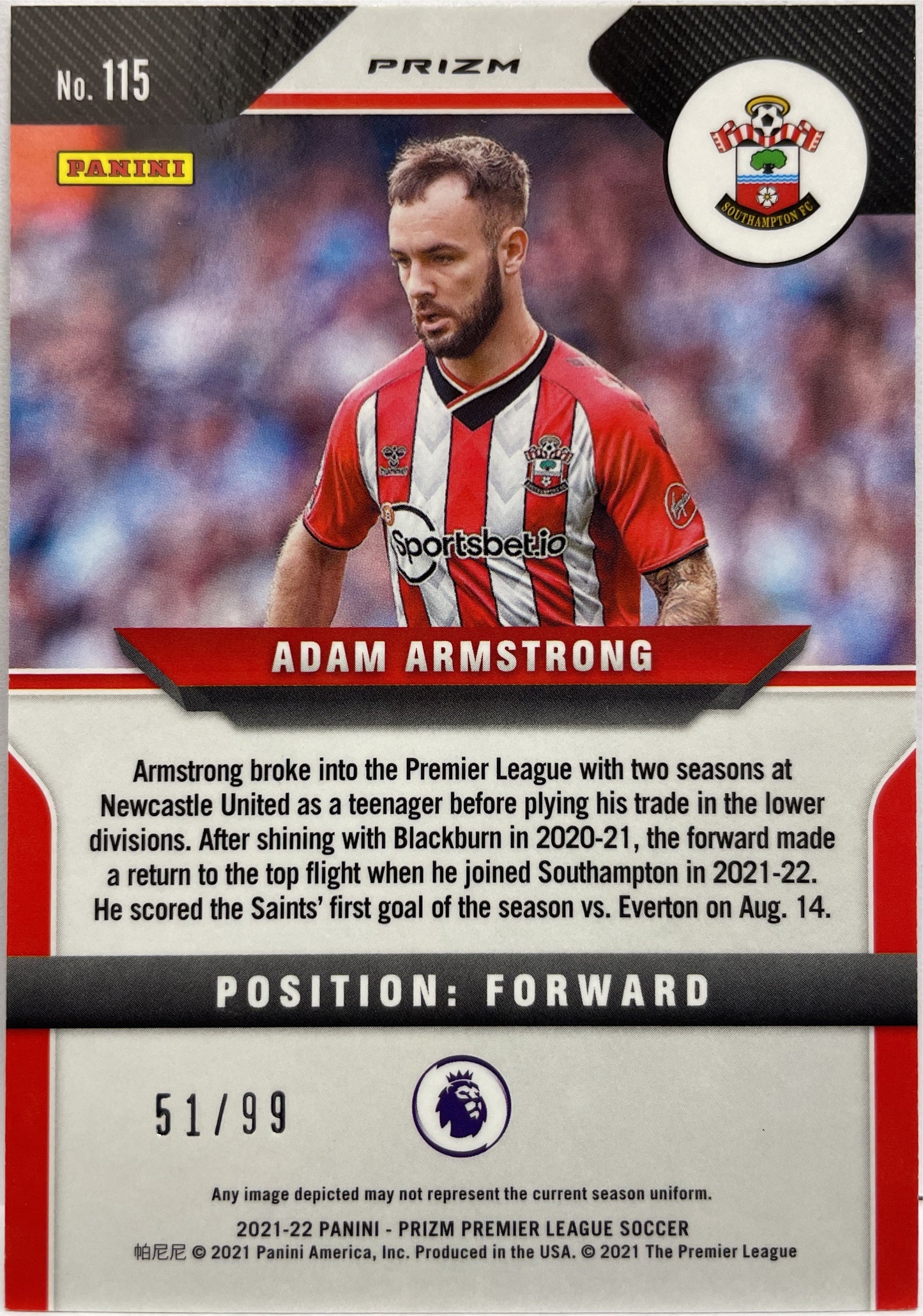Adam Armstrong 51/99 Rookie Purple Prizm Premier League 2021/22