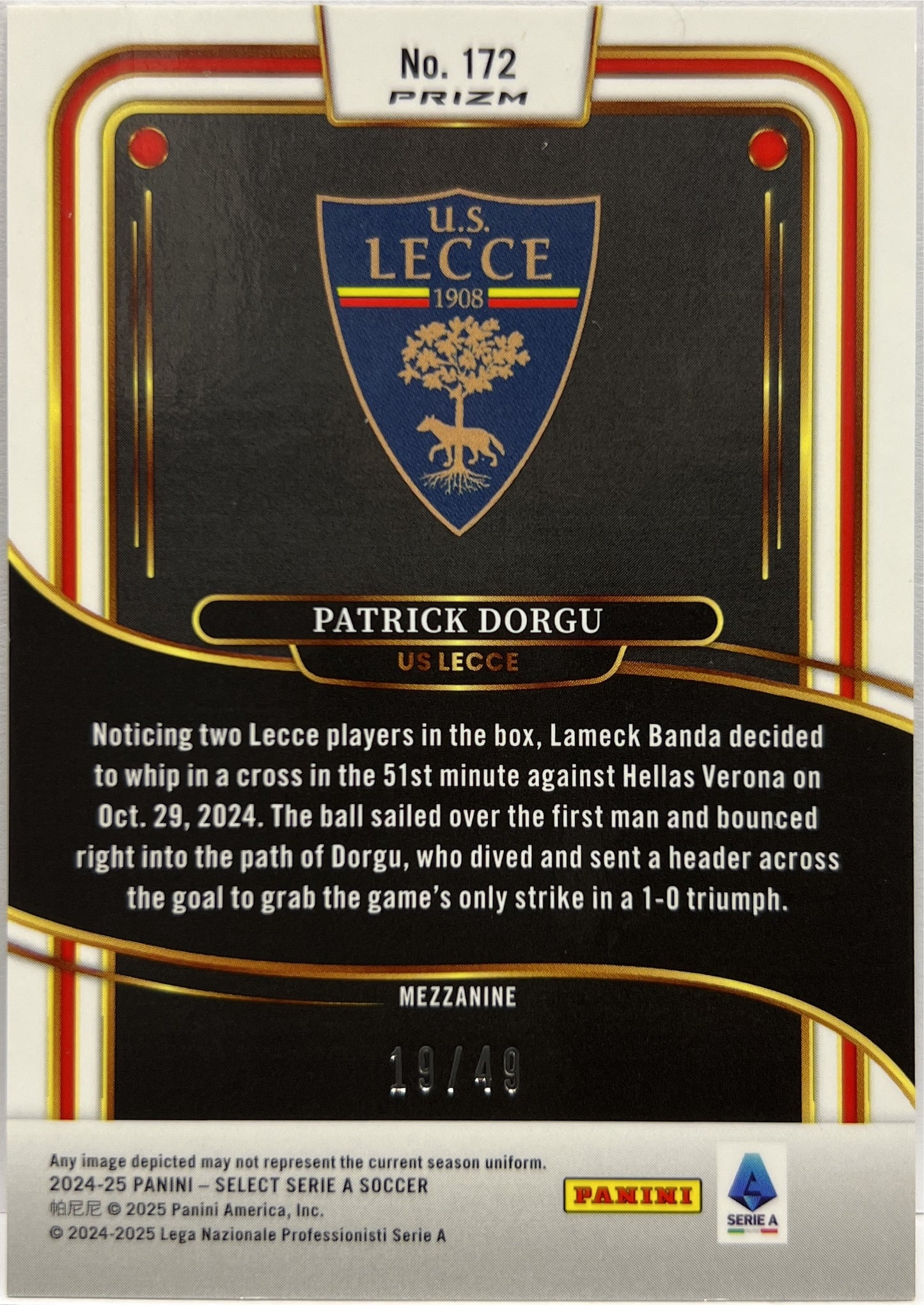Patrick Dorgu 19/49 Mezzanine Purple Select Serie A 2024/25