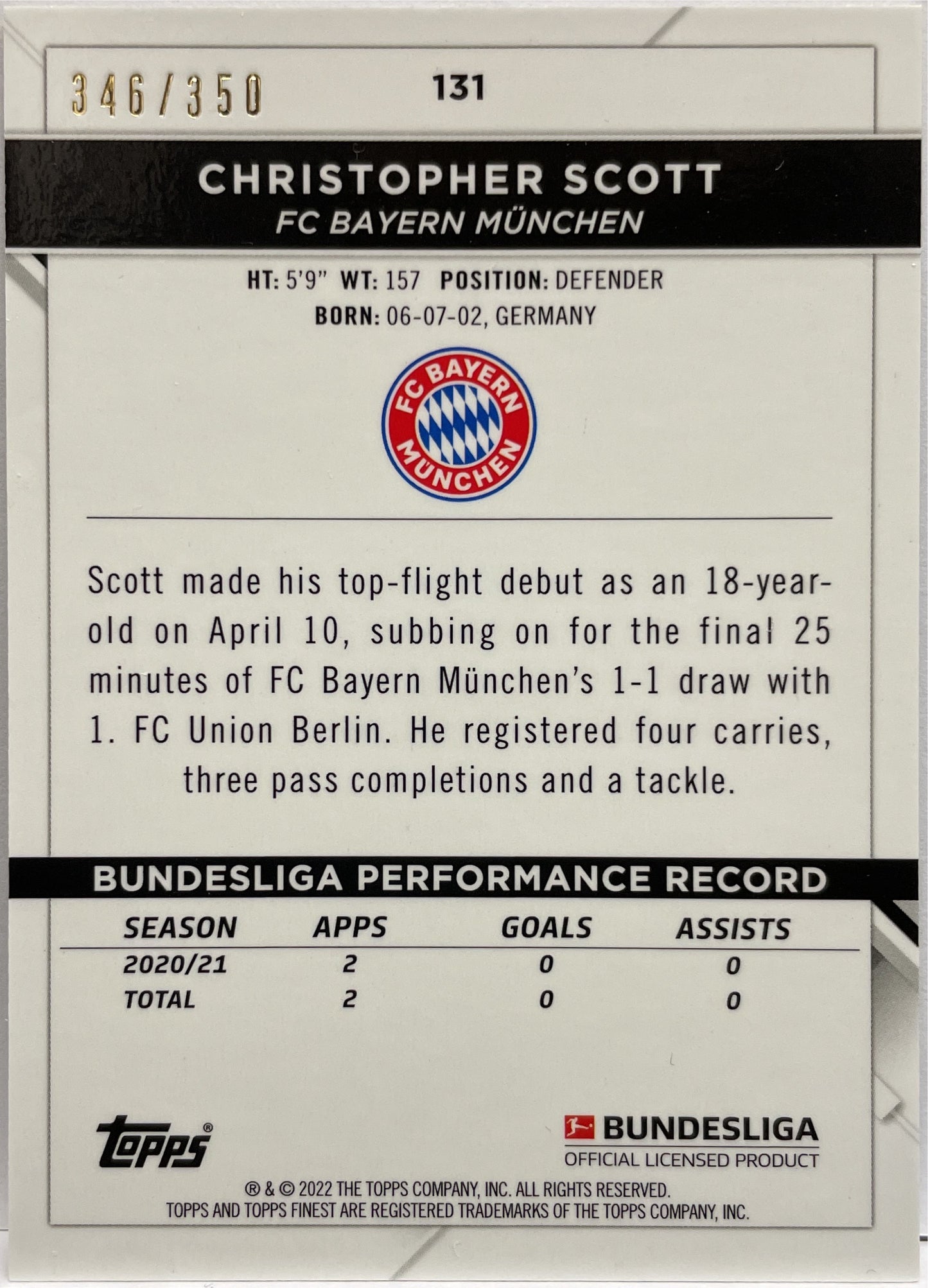 Christopher Scott 346/350 Rookie Yellow Topps Finest Bundesliga 2021/22