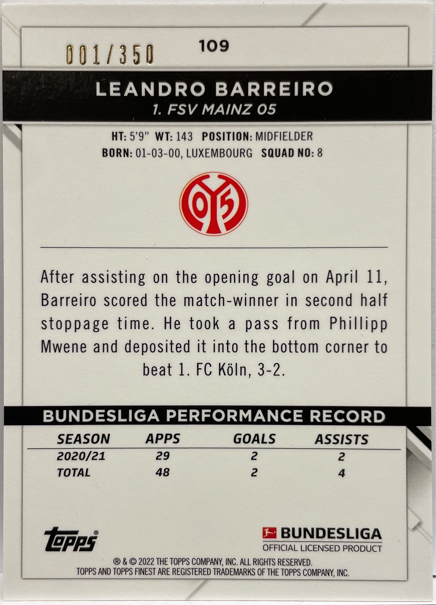 Leandro Barreiro 1/350 Yellow Topps Finest Bundesliga 2021/22