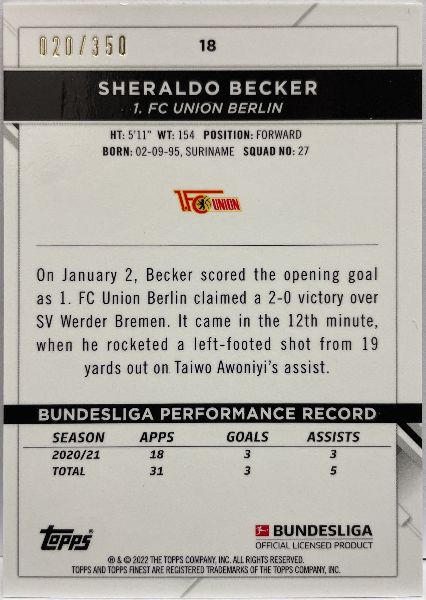 Sheraldo Becker 20/350 Yellow Wave Topps Finest Bundesliga 2021/22