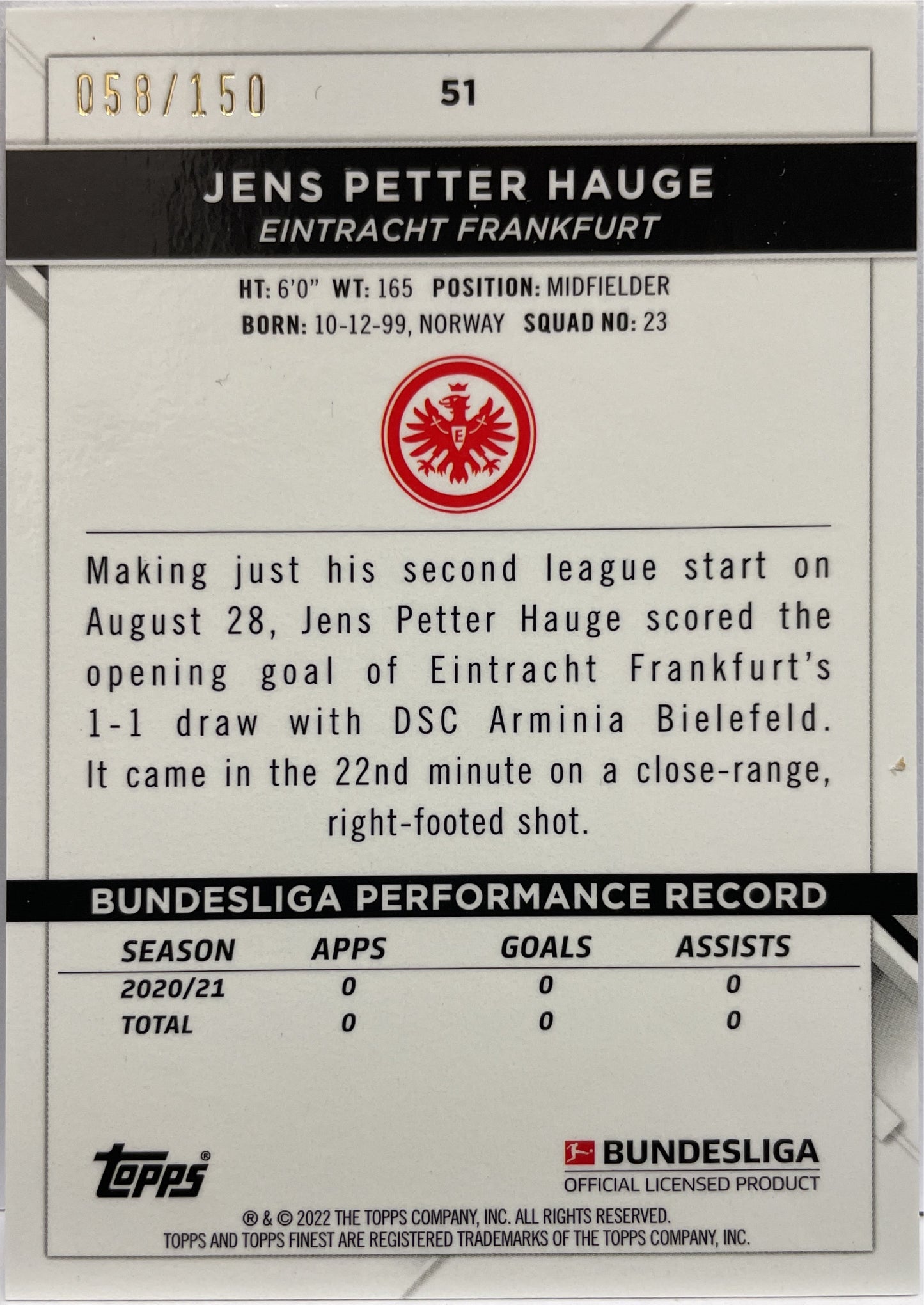 Jens Petter Hauge 58/150 Blue Wave Topps Finest Bundesliga 2021/22
