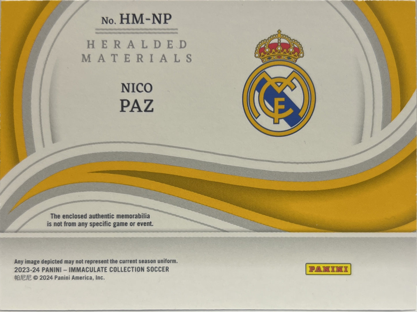 Nico Paz 46/99 Rookie Patch Heralded Material Immaculate 2023/24
