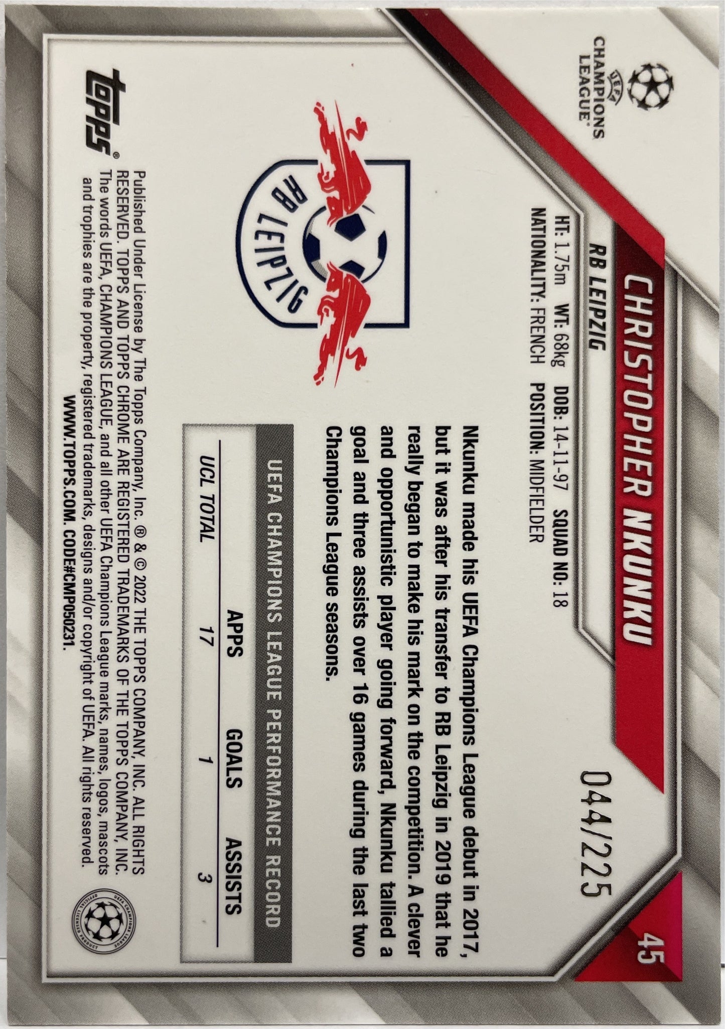 Christopher Nkunku 44/225 Night Vision Topps Chrome UCL 2021/22