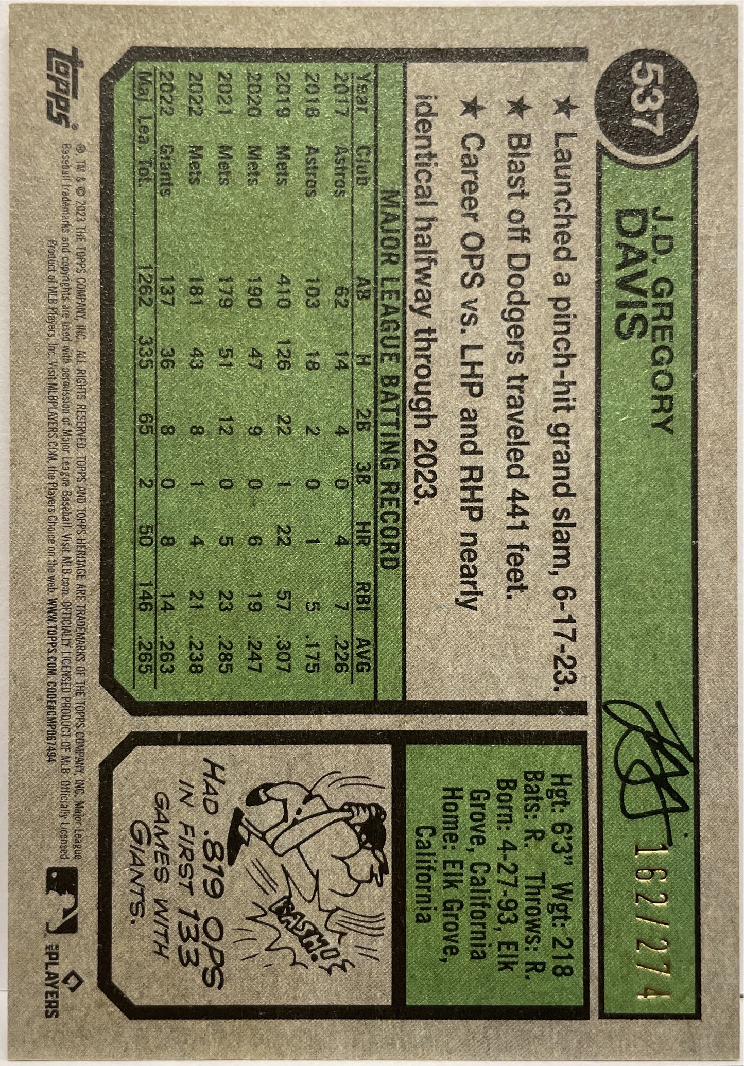 J.D. Gregory Davis 162/274 Giants Topps Heritage Baseball 2023