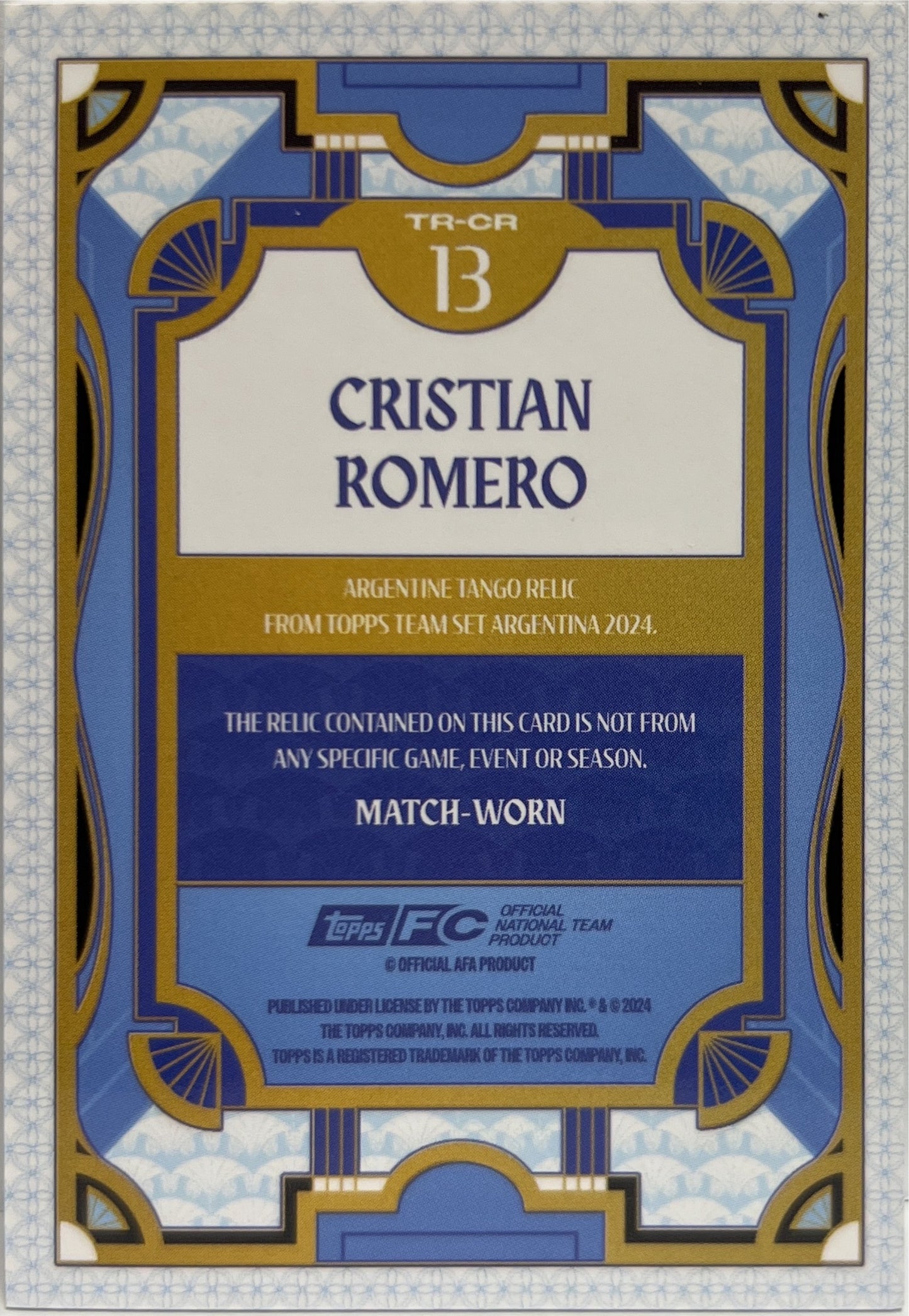 Cristian Romero Patch Tango Relic Topps Argentina Team Set 2024/25