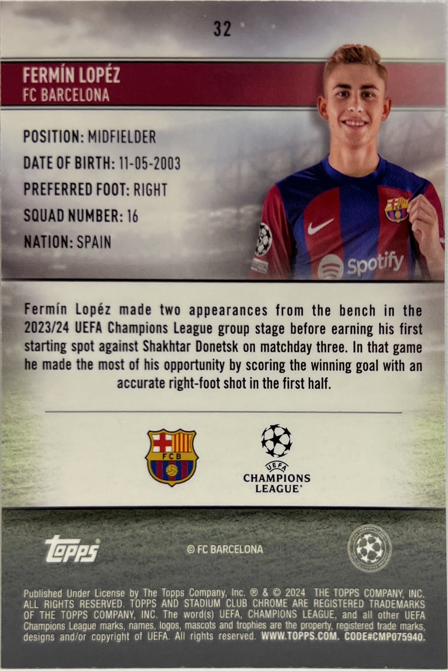 Fermin Lopez 35/75 Rookie Sepia Prism Topps Stadium Chrome 2023/24