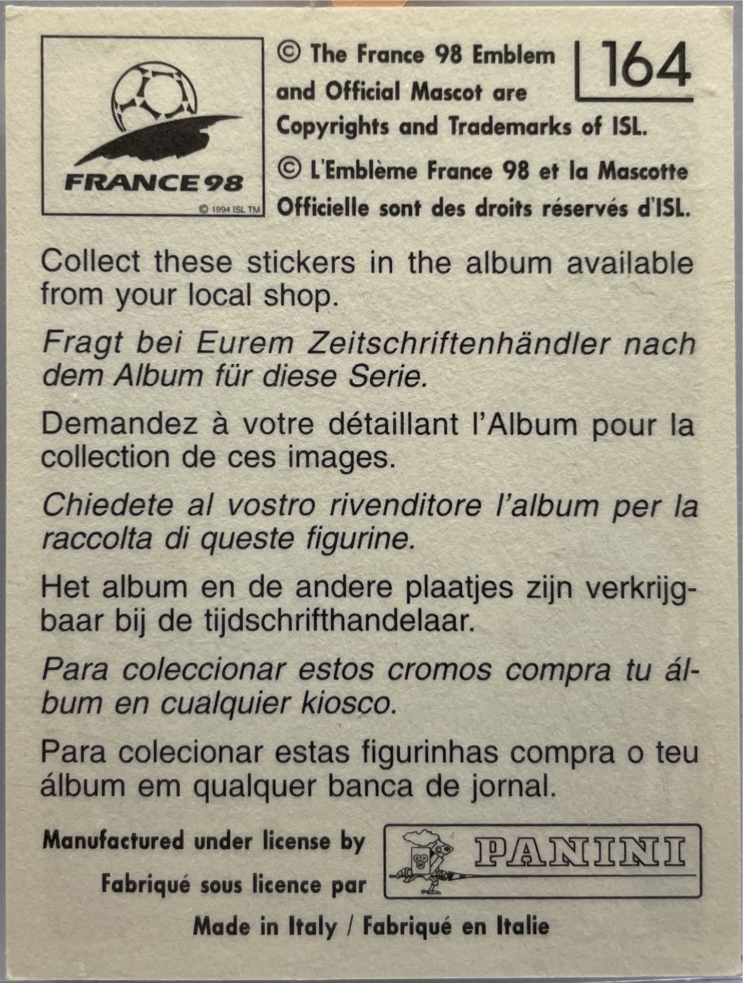Zinedine Zidane Sticker Panini France 1998