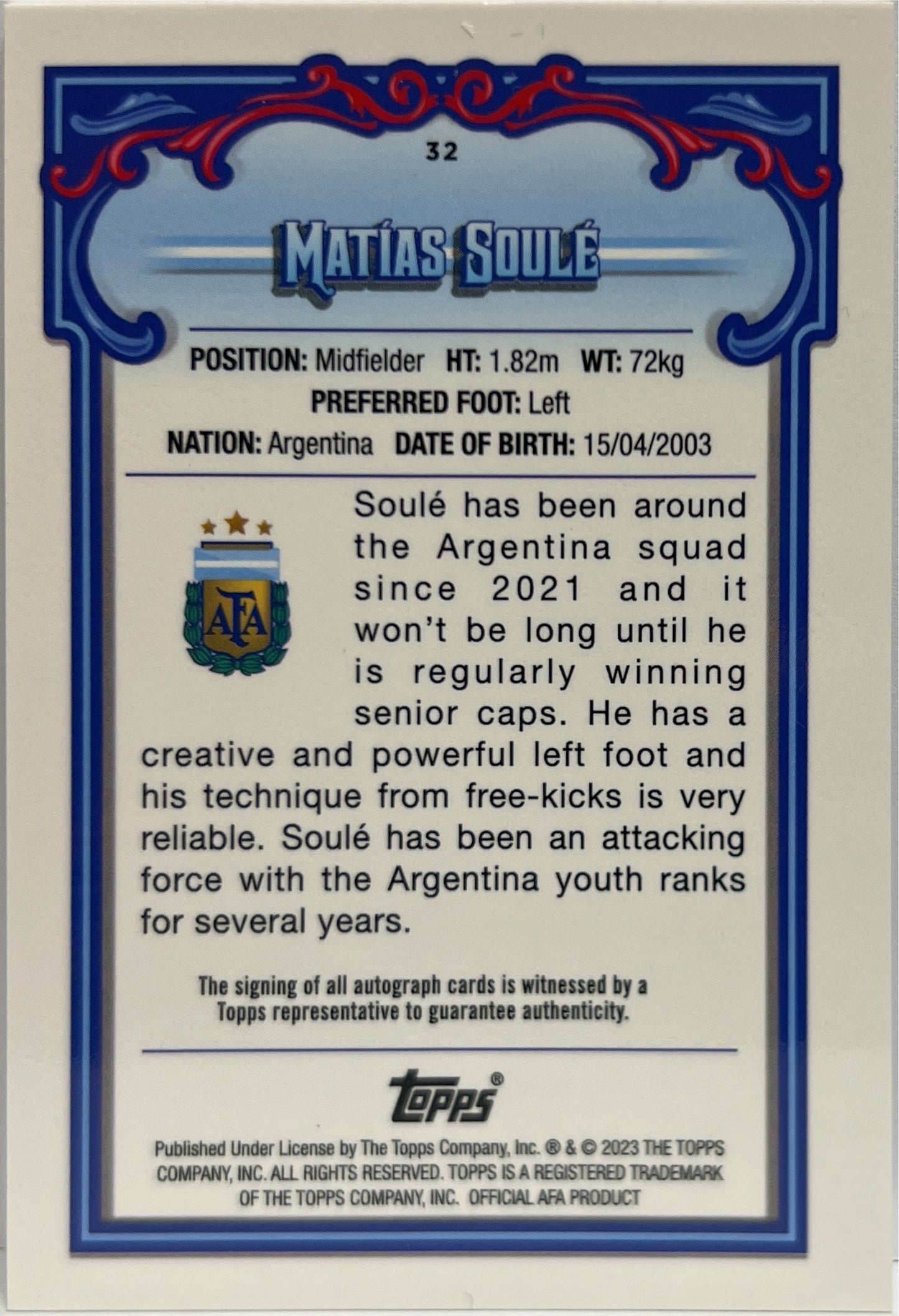 Matias Soule Autograph 1ST Bowman Topps Argentina Fileteado 2023
