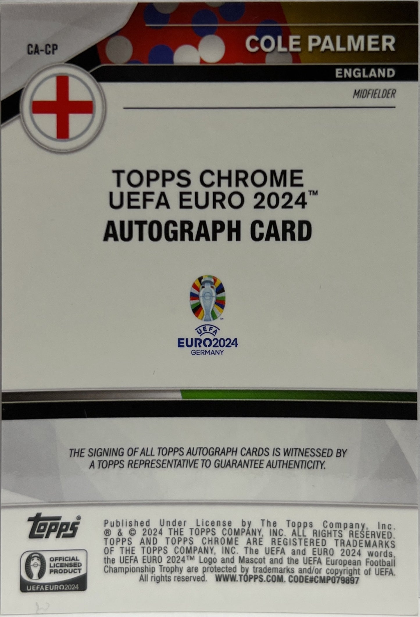Cole Palmer 10/50 Autograph National Debut Gold Topps Chrome Euro 2024