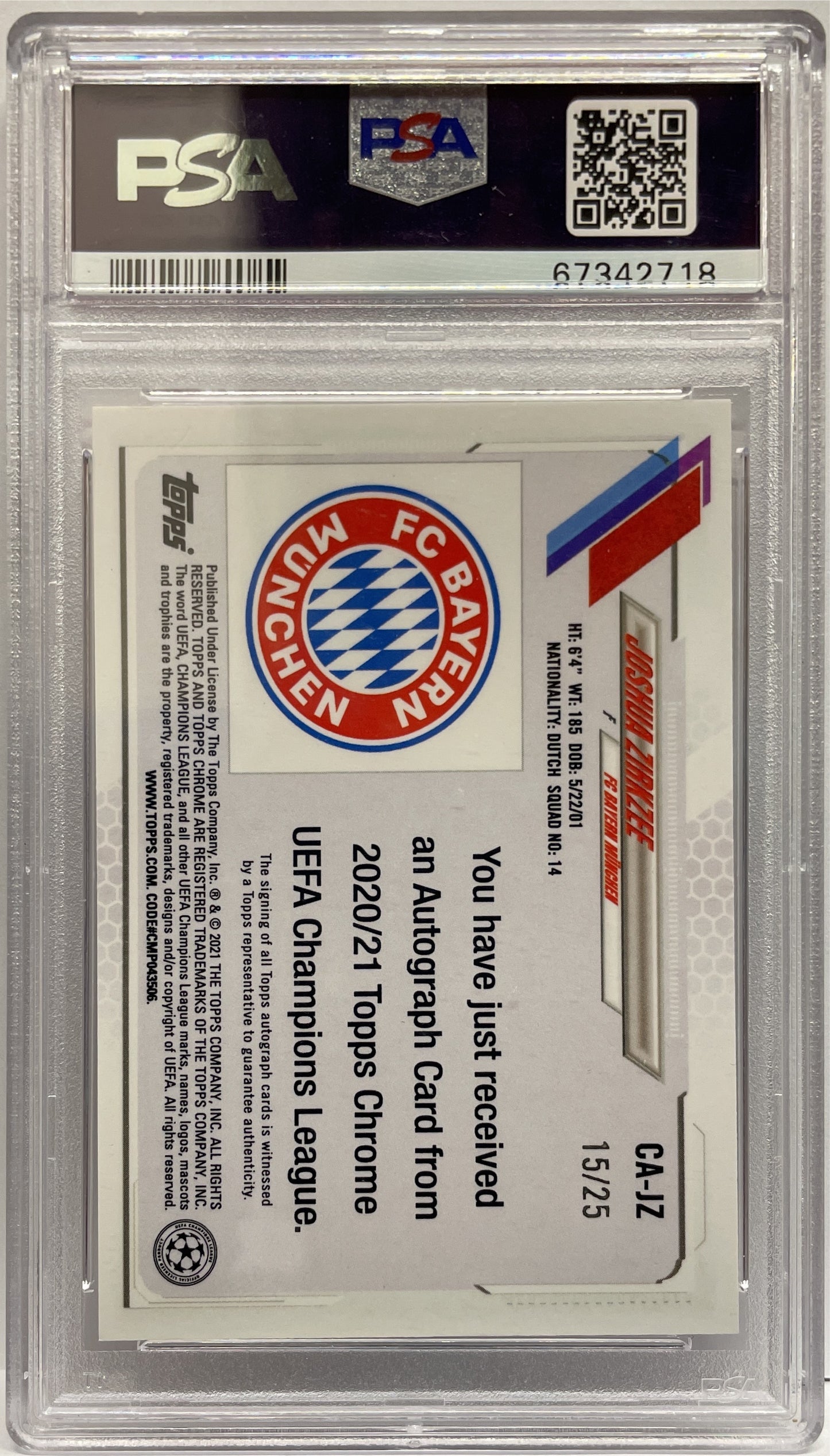 PSA 9 - Joshua Zirkzee 15/25 Autograph Orange - Topps Chrome UCL 2020/21