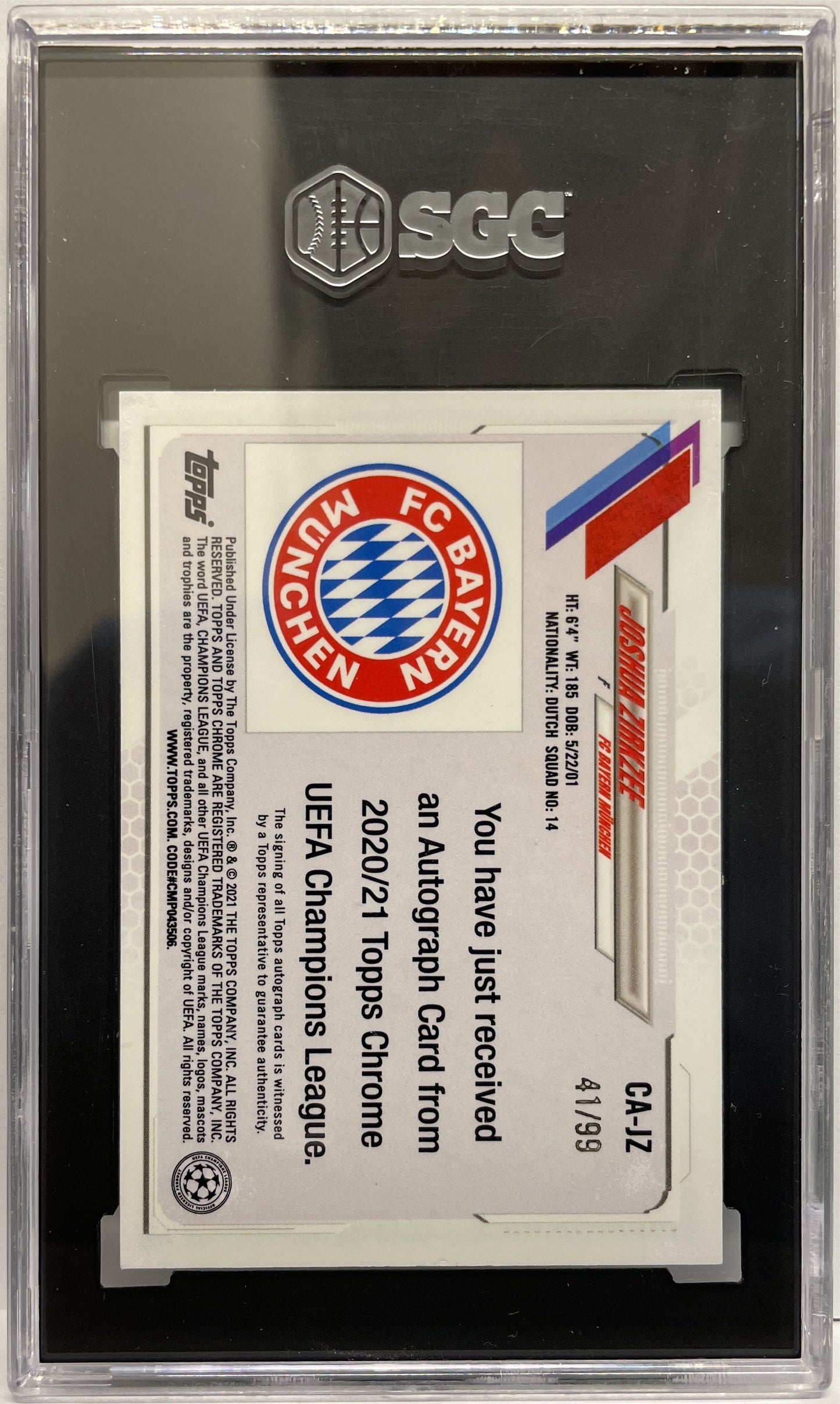 SGC 10 - Joshua Zirkzee 41/99 Autograph Green - Topps Chrome UCL 2020/21