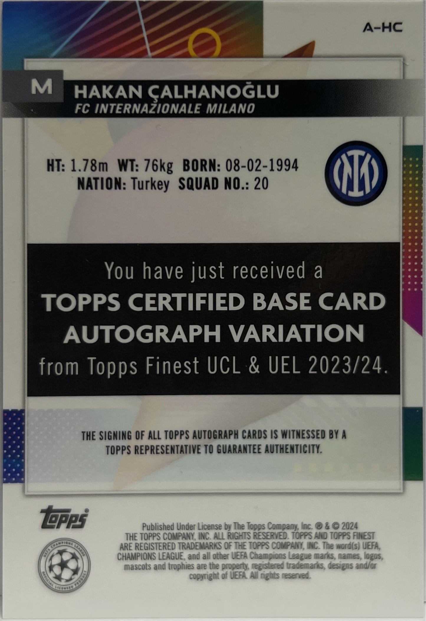 Hakan Calhanoglu 36/199 Autograph Purple Shimmer Topps Finest UCC 2023/24