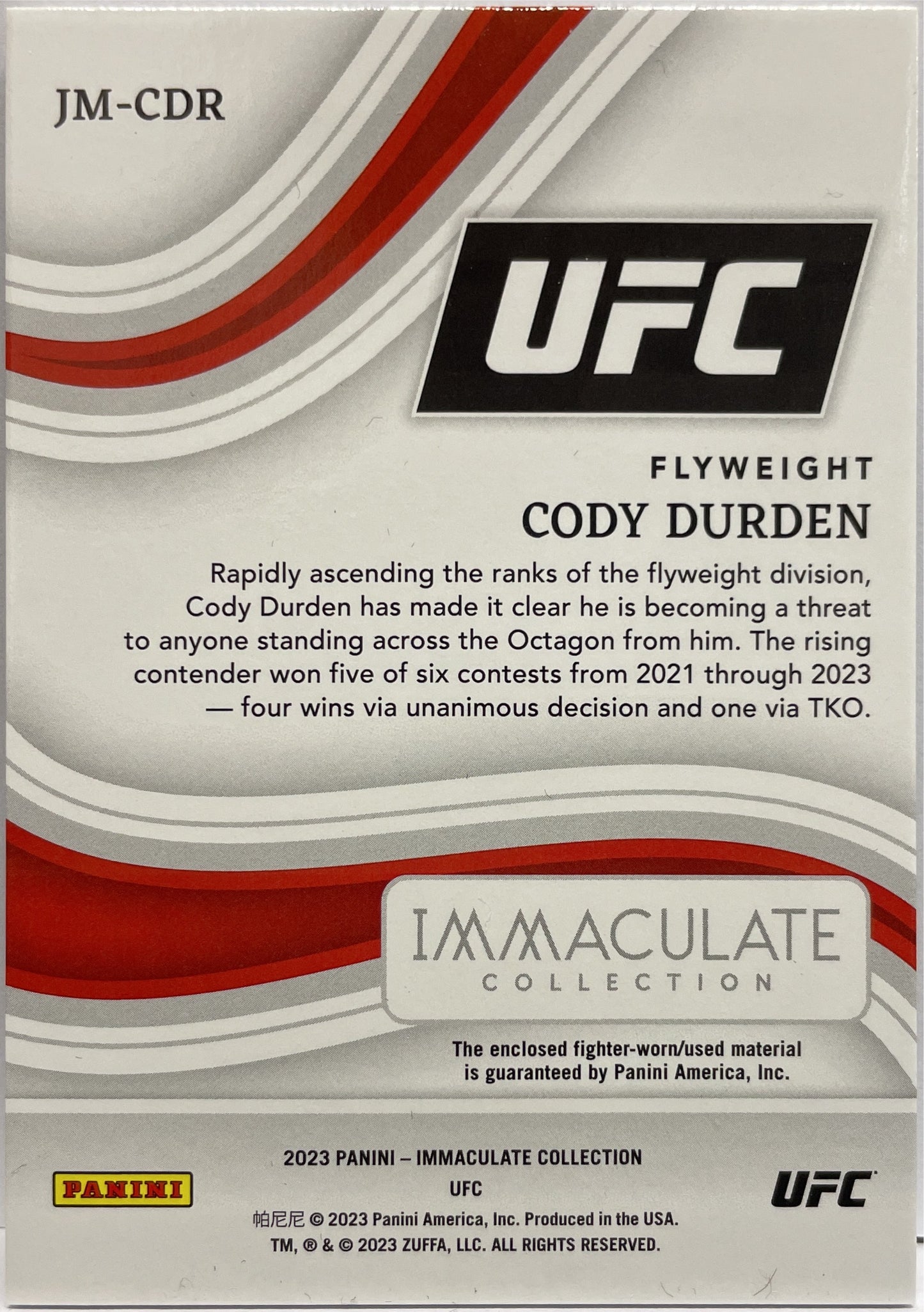 Cody Durden 2/10 Rookie Gloves Patch Immaculate UFC 2023